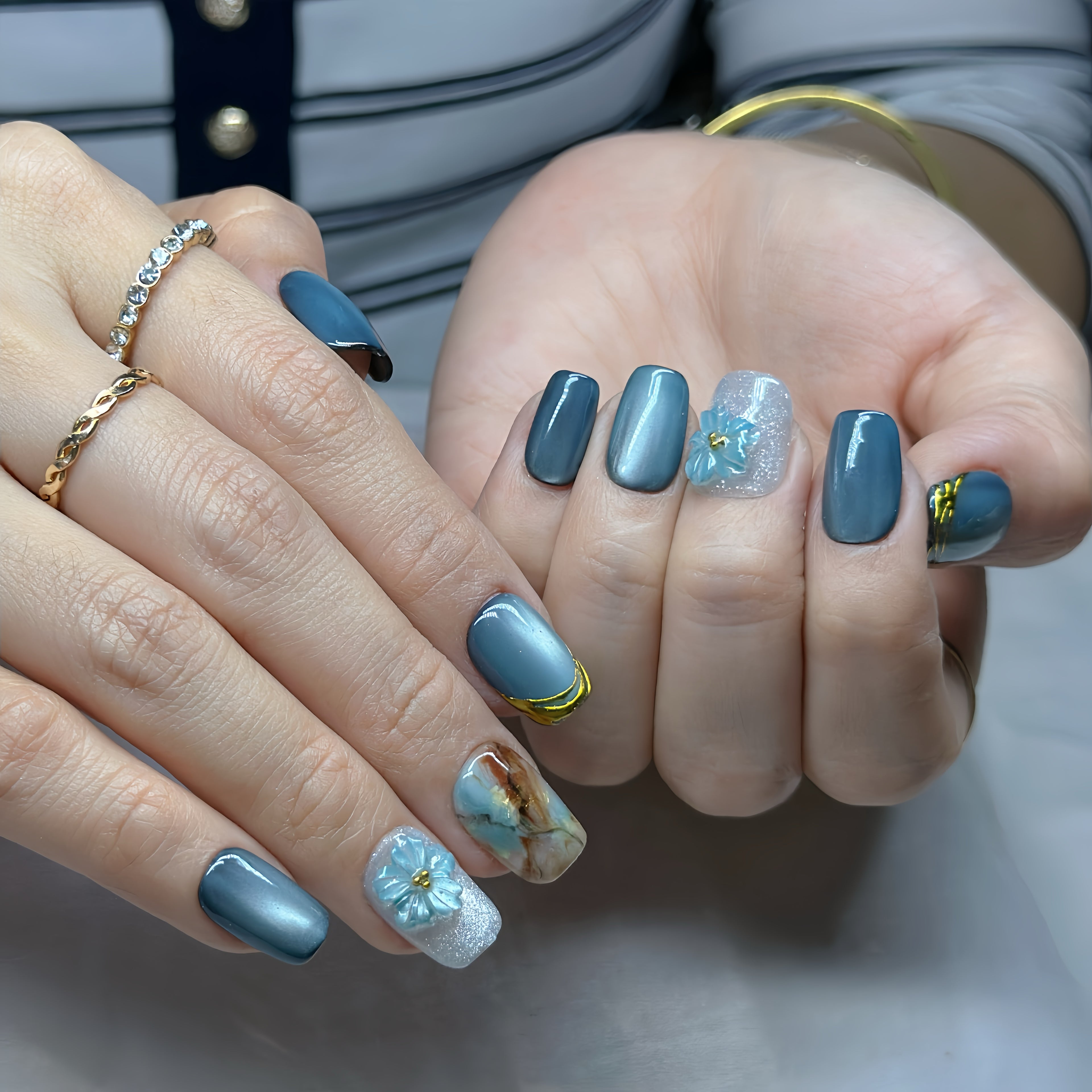 Teal Blossom Veil Press-On Nails – Short Square | Teal Chrome, Marble Accent & 3D Flower Design | Hand-Painted Gel Reusable Set, 30 Nails, 15 Sizes