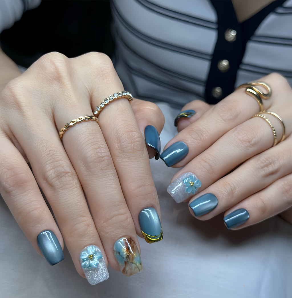 Teal Blossom Veil Press-On Nails – Short Square | Teal Chrome, Marble Accent & 3D Flower Design | Hand-Painted Gel Reusable Set, 30 Nails, 15 Sizes
