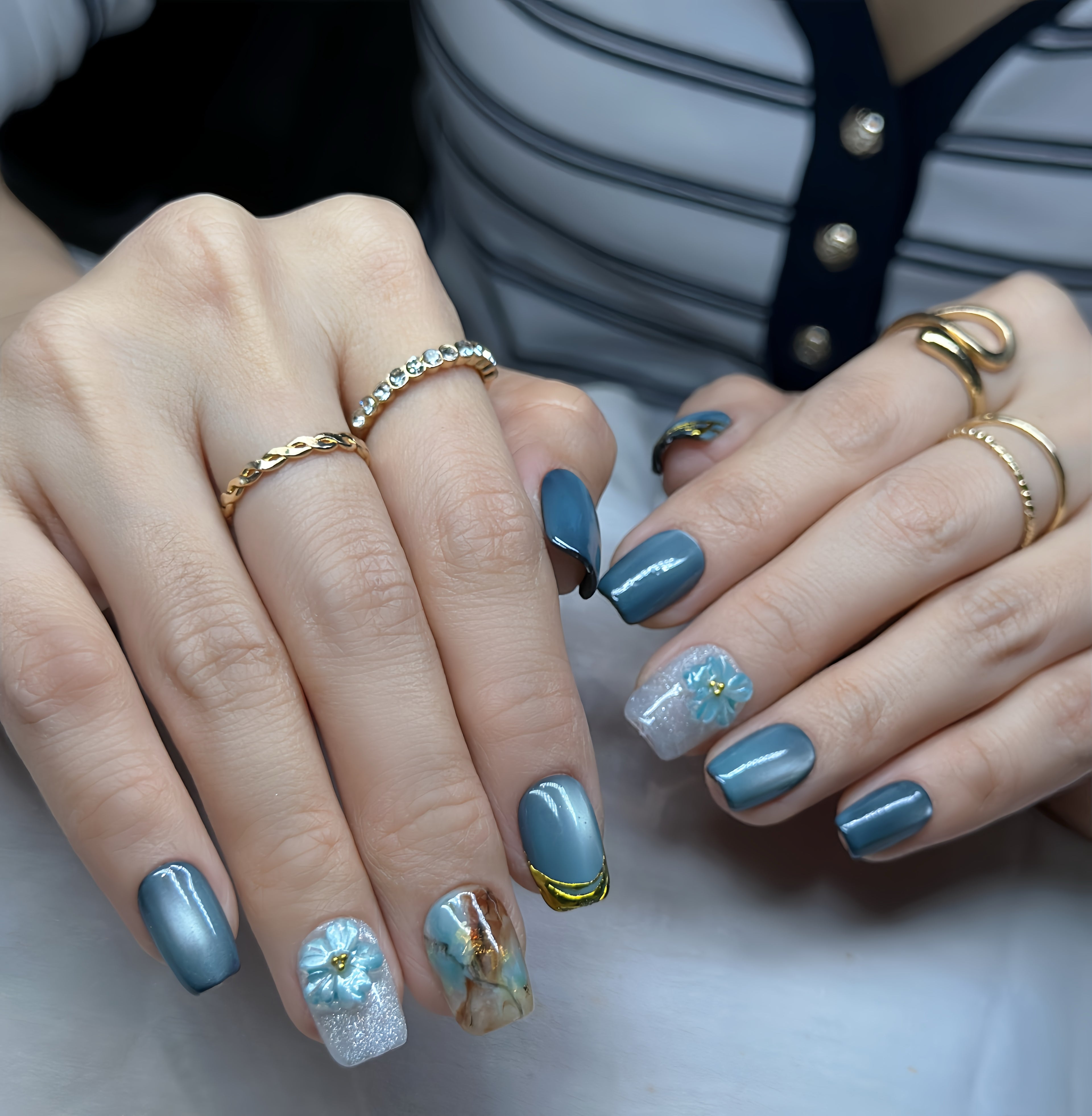 Teal Blossom Veil Press-On Nails – Short Square | Teal Chrome, Marble Accent & 3D Flower Design | Hand-Painted Gel Reusable Set, 30 Nails, 15 Sizes