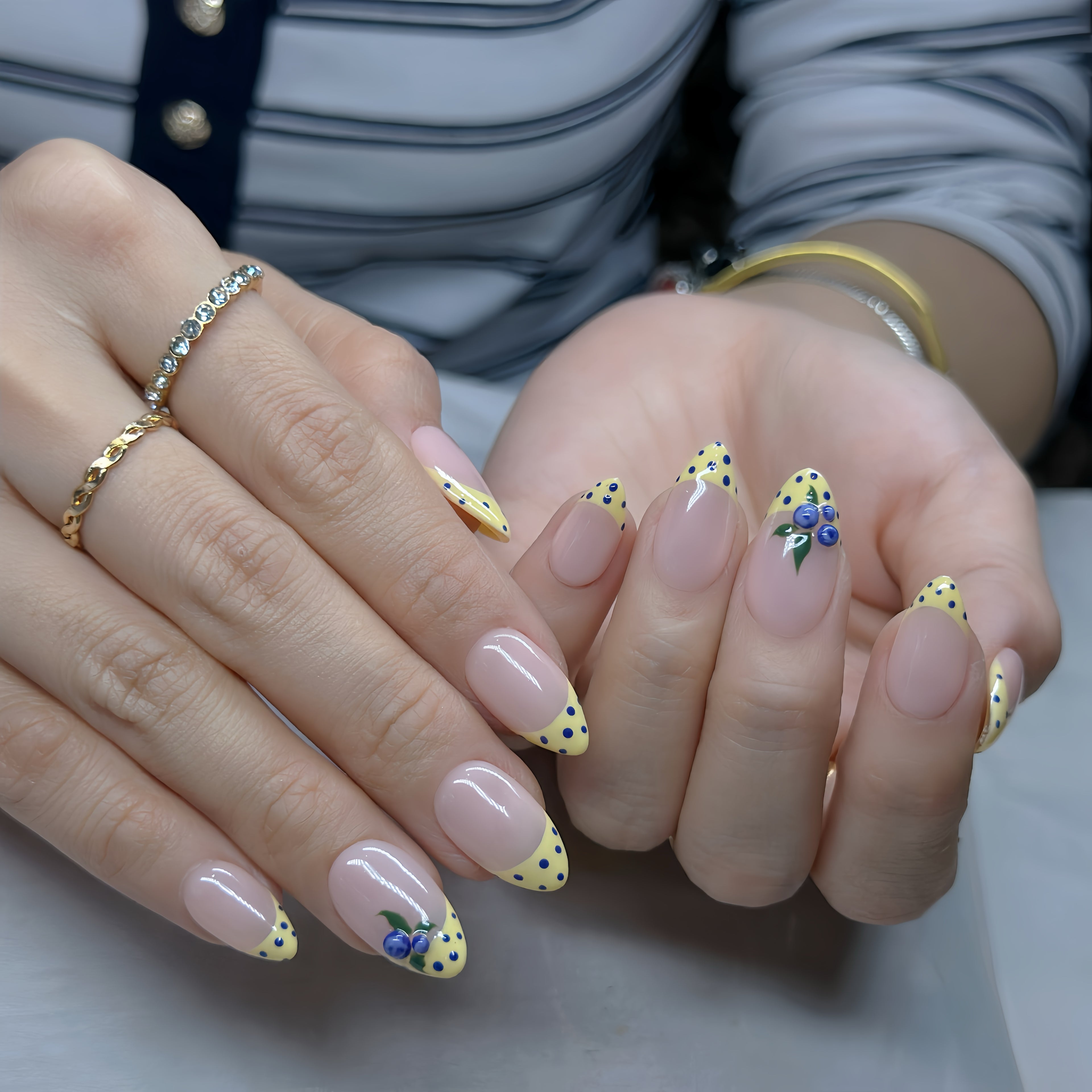 Hand-Painted Blueberry Nail Art | Short Almond French Tip Press-Ons | Summer Picnic Aesthetic| Hand-Painted Gel Reusable Set, 30 Nails, 15 Sizes