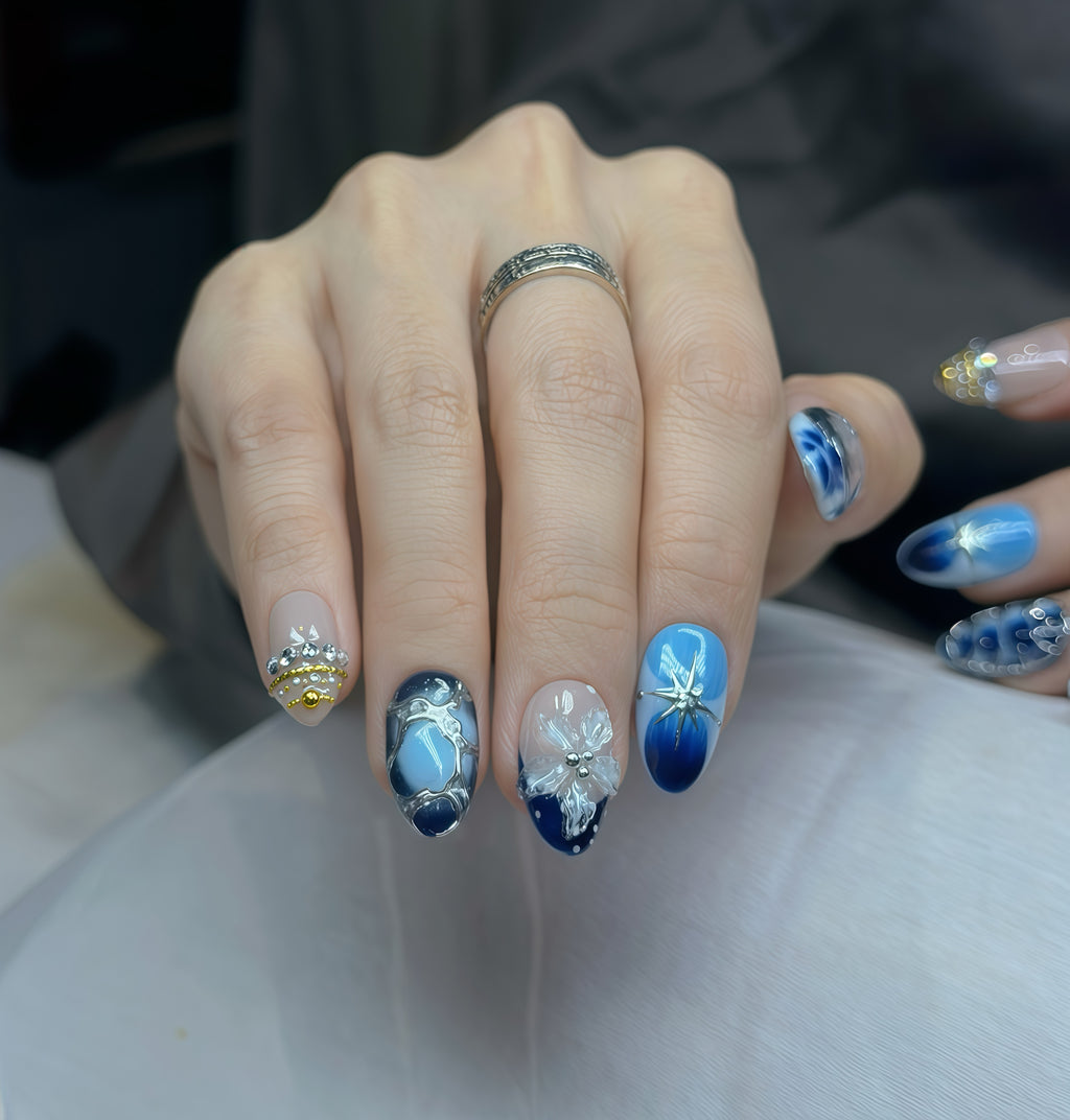 Blue Mirage Crystal Press-On Nails – Short Almond Ombre, 3D Flower & Star Design, Luxury Rhinestone Gel Nails | Hand-Painted, Reusable 20pcs Kit