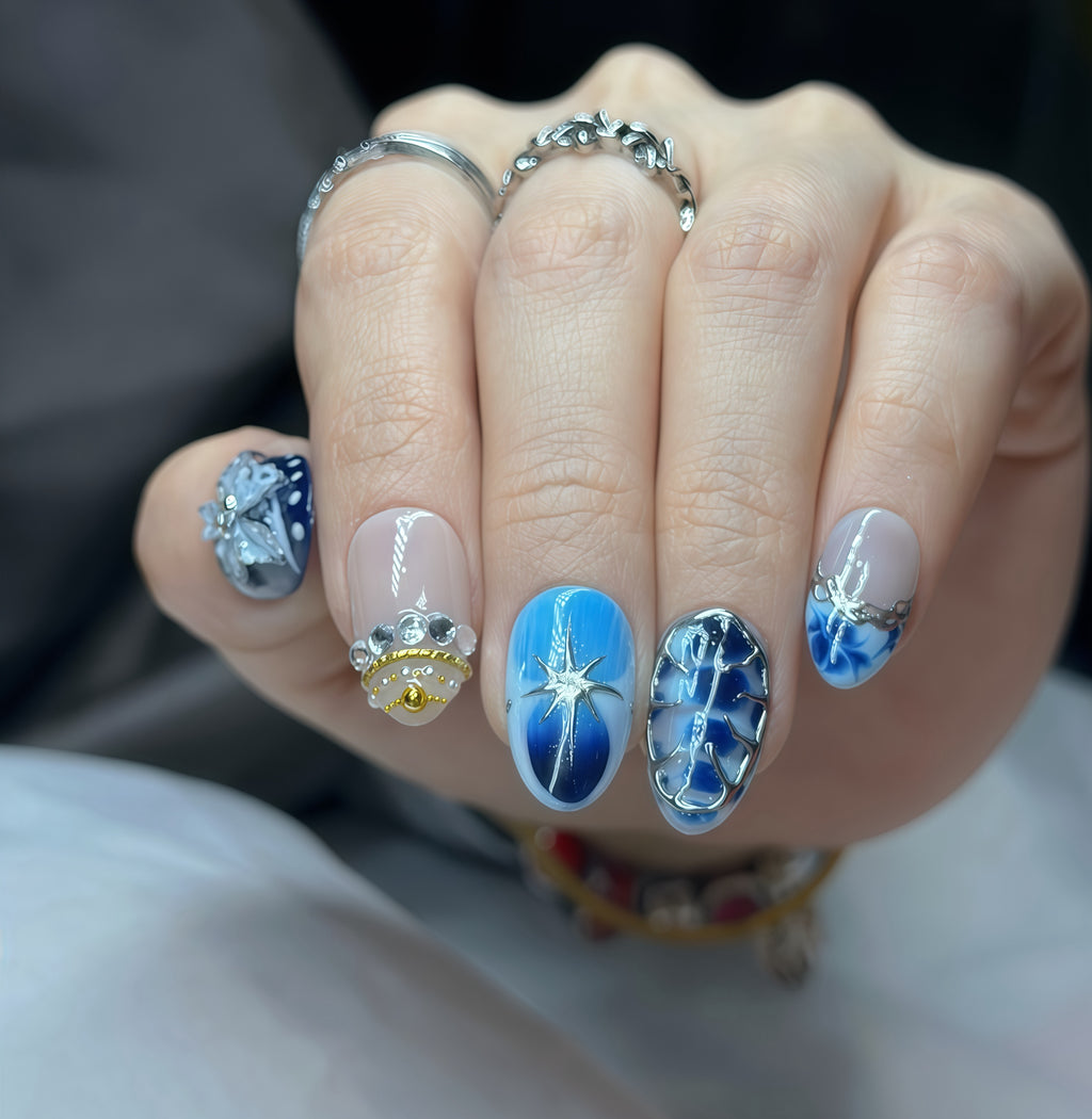 Blue Mirage Crystal Press-On Nails – Short Almond Ombre, 3D Flower & Star Design, Luxury Rhinestone Gel Nails | Hand-Painted, Reusable 20pcs Kit