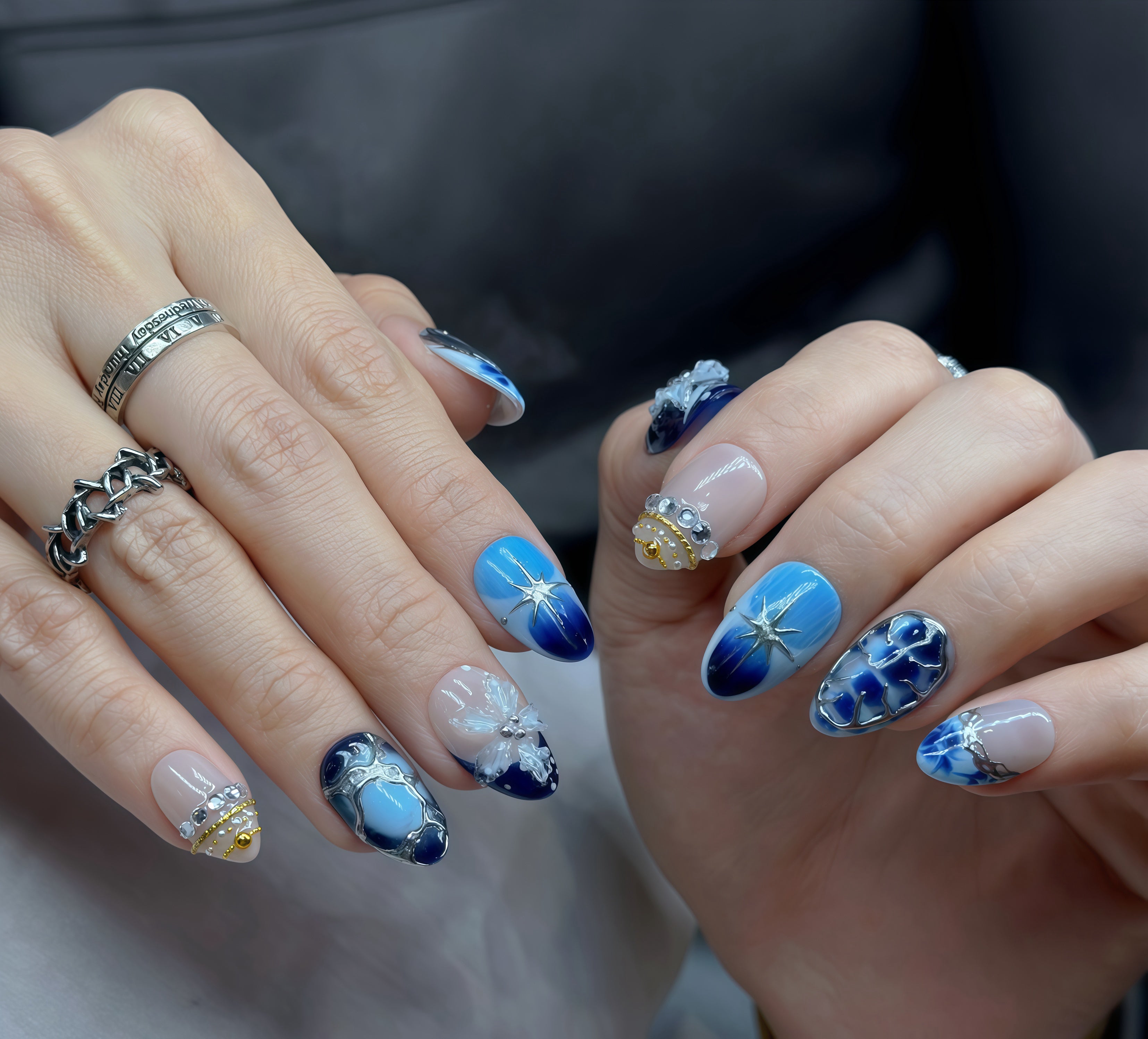 Blue Mirage Crystal Press-On Nails – Short Almond Ombre, 3D Flower & Star Design, Luxury Rhinestone Gel Nails | Hand-Painted, Reusable 20pcs Kit