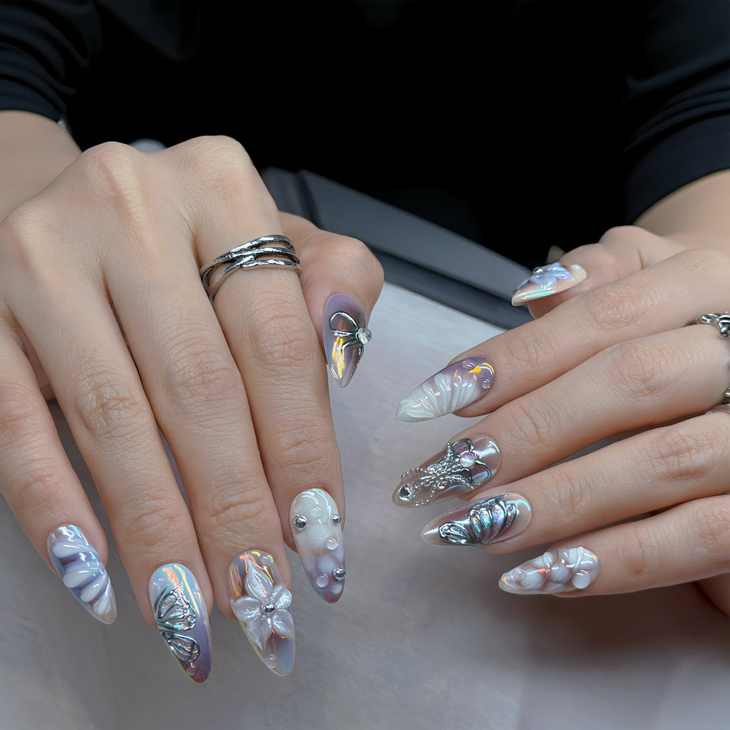 Iridescent Angel Shell Press-On Nails – Medium Almond Pearl Chrome Set, 3D Flower & Butterfly Design, Ocean-Inspired Glossy Nails| Hand-Painted, Reusable 20pcs Kit