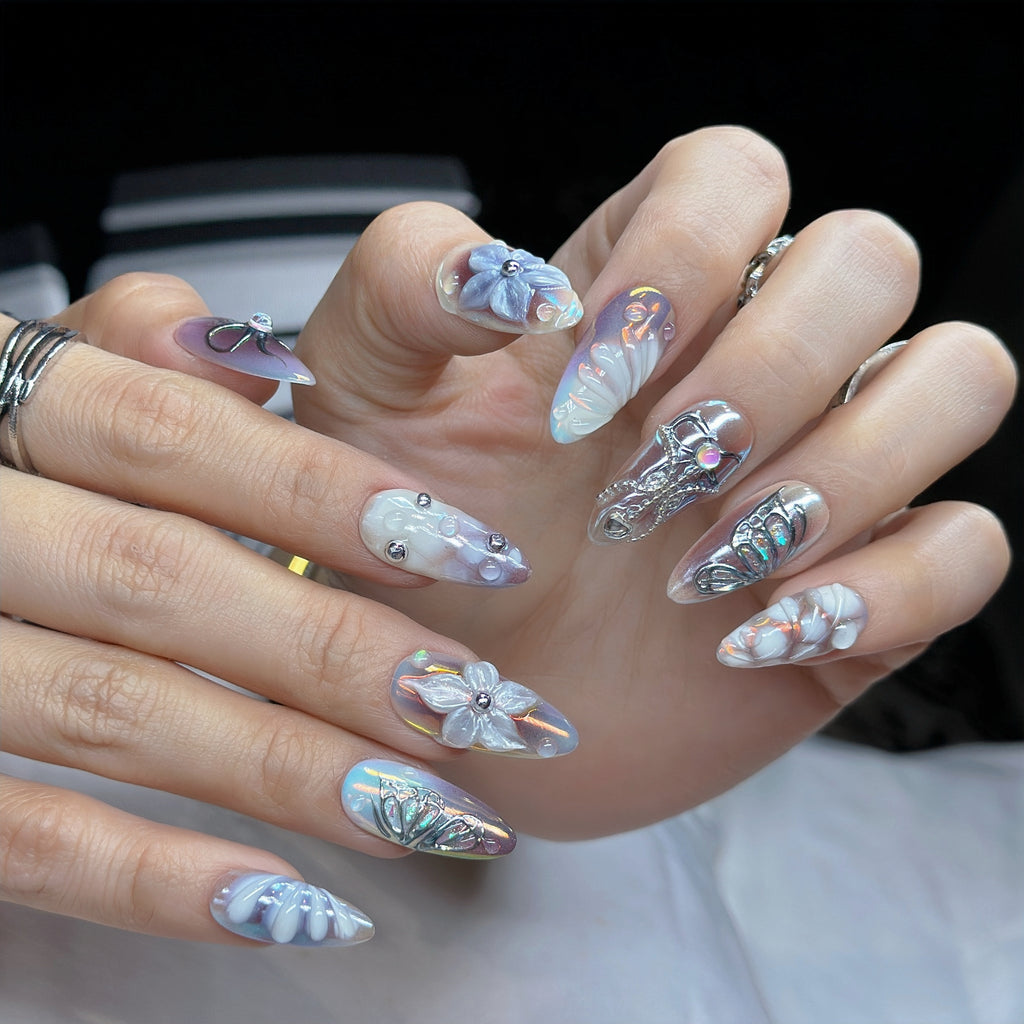 Iridescent Angel Shell Press-On Nails – Medium Almond Pearl Chrome Set, 3D Flower & Butterfly Design, Ocean-Inspired Glossy Nails| Hand-Painted, Reusable 20pcs Kit