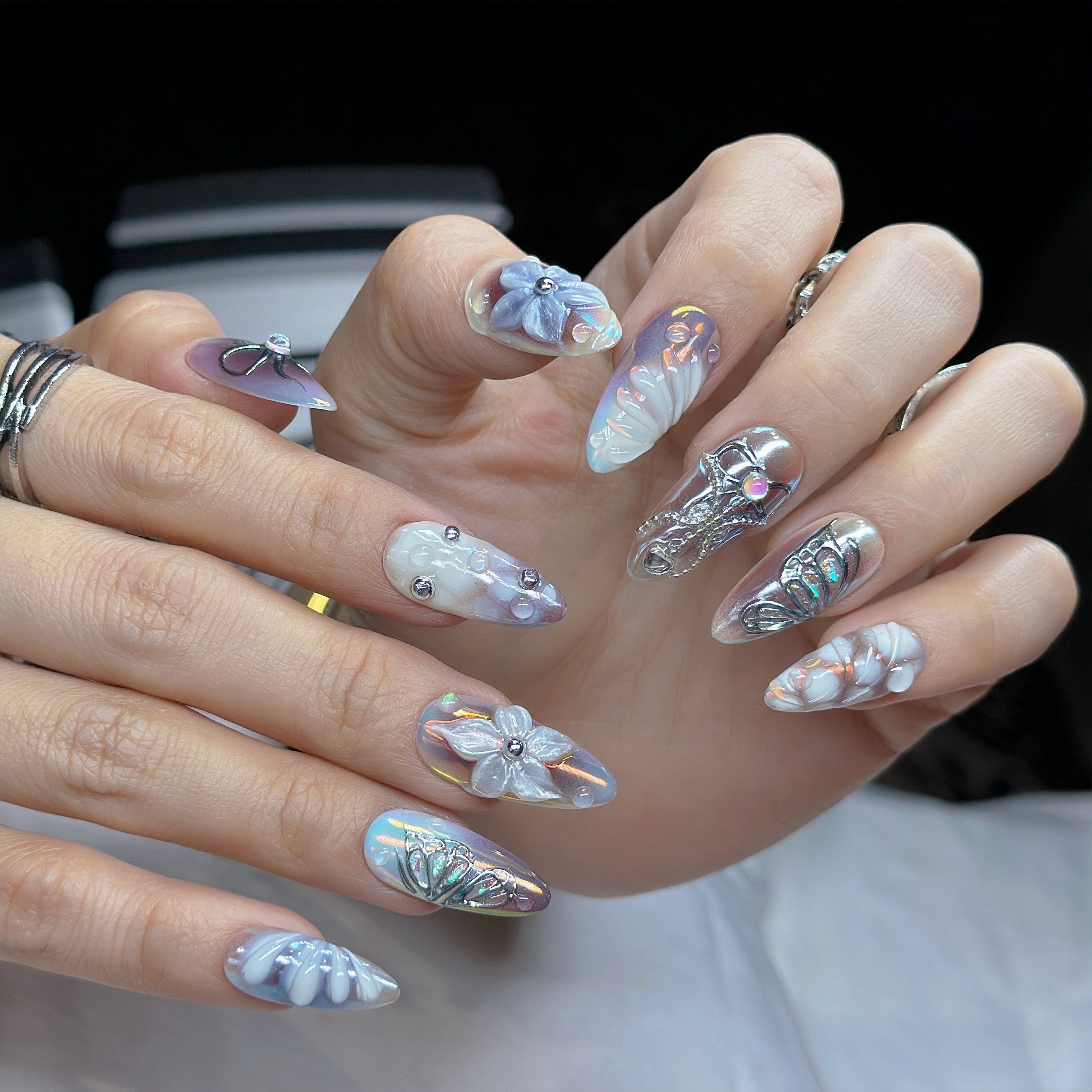 Iridescent Angel Shell Press-On Nails – Medium Almond Pearl Chrome Set, 3D Flower & Butterfly Design, Ocean-Inspired Glossy Nails| Hand-Painted, Reusable 20pcs Kit