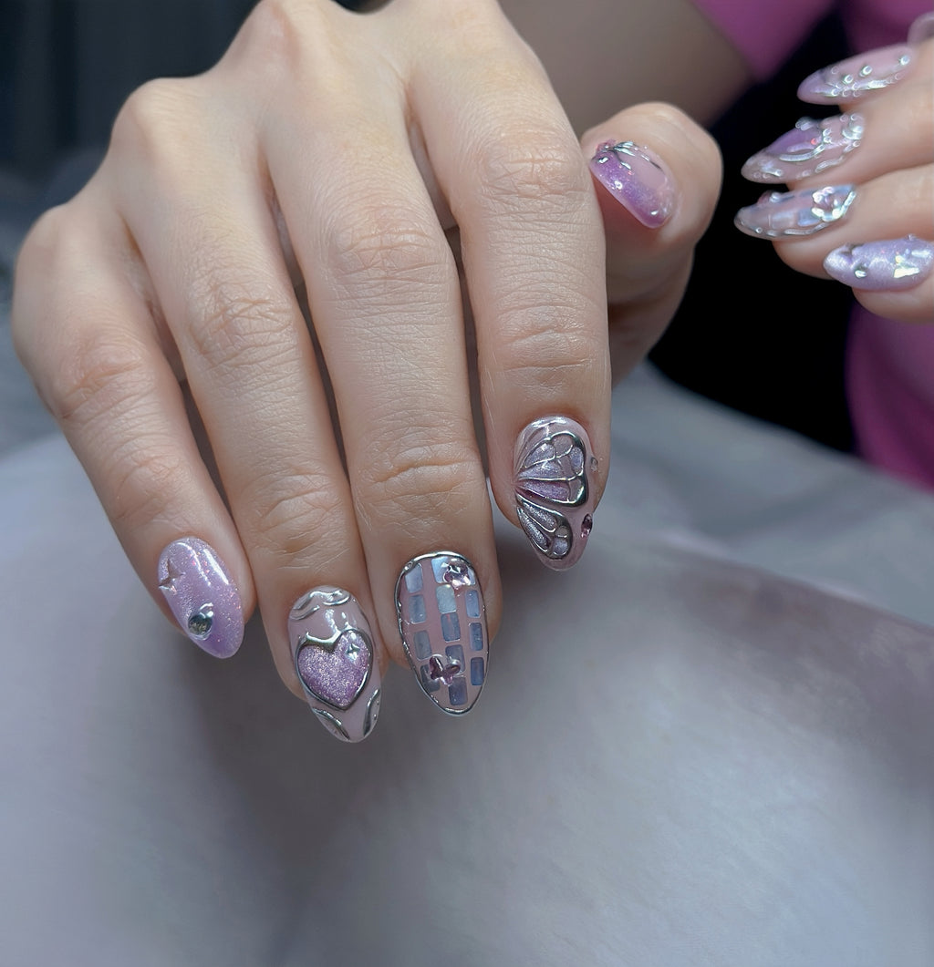 Crystal Love Butterfly Press-On Nails – Short Almond Chrome Pink Set, 3D Butterfly & Heart Design, Glitter Rhinestone Y2K Aesthetic Nails | Hand-Painted, Reusable 20pcs Kit