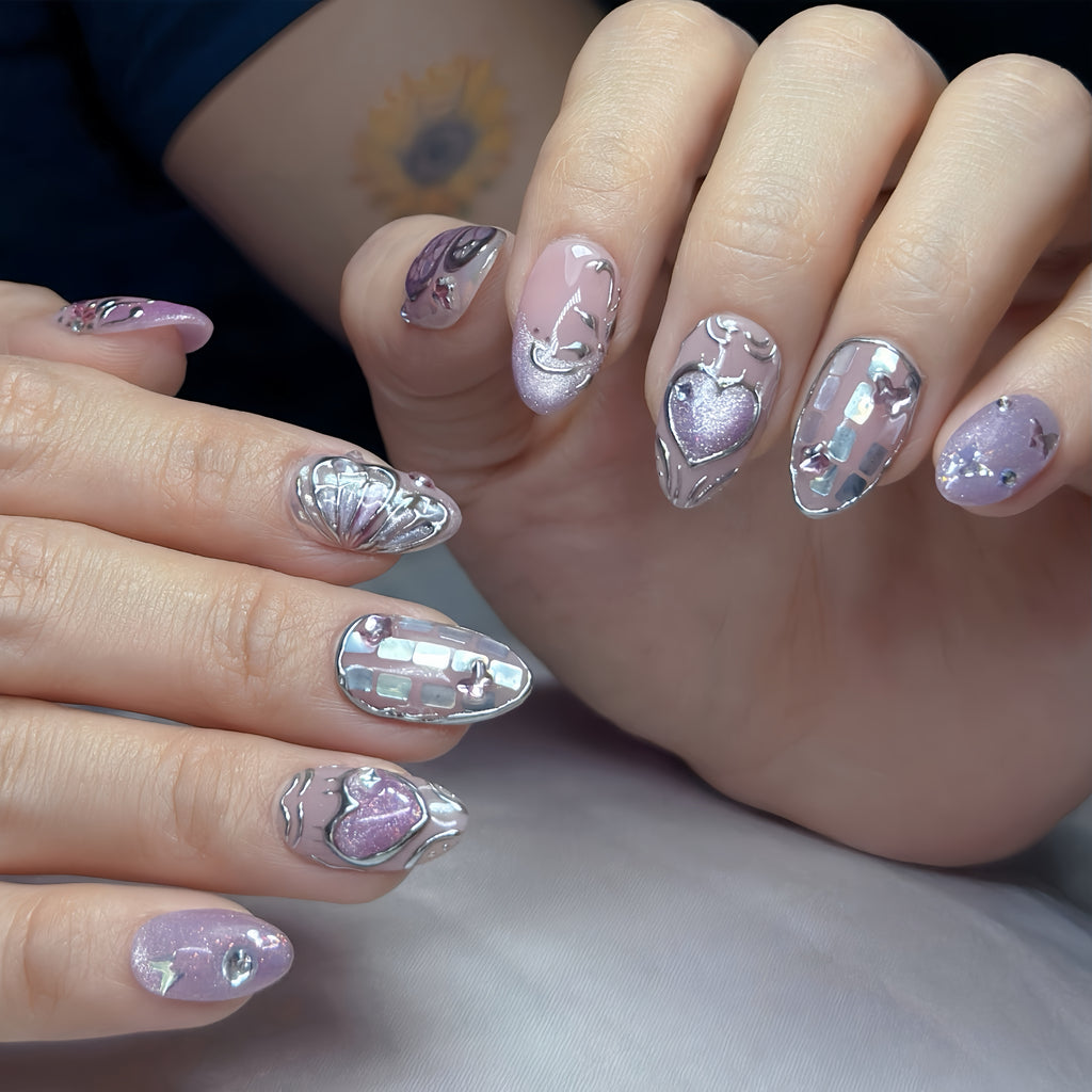 Crystal Love Butterfly Press-On Nails – Short Almond Chrome Pink Set, 3D Butterfly & Heart Design, Glitter Rhinestone Y2K Aesthetic Nails | Hand-Painted, Reusable 20pcs Kit