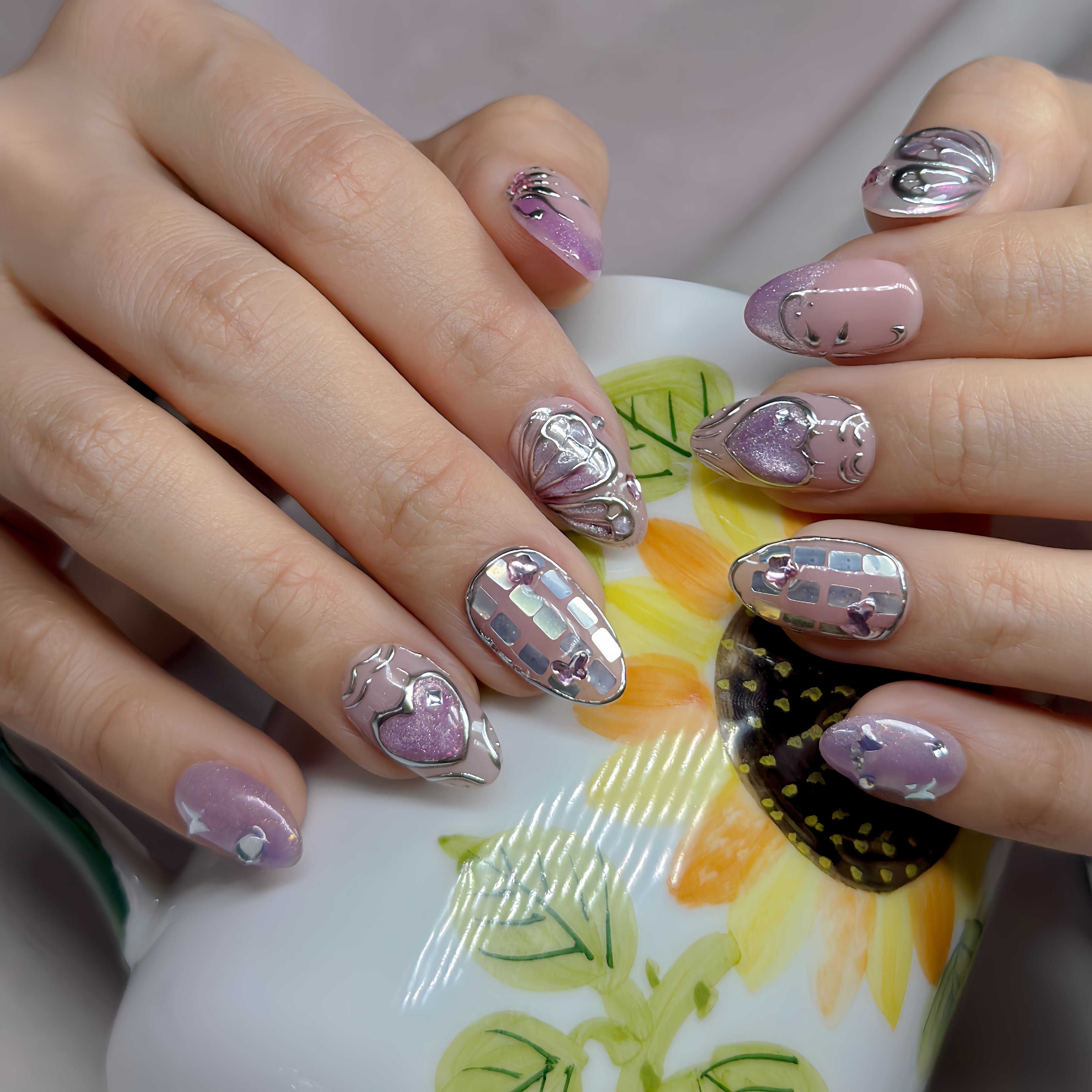 Crystal Love Butterfly Press-On Nails – Short Almond Chrome Pink Set, 3D Butterfly & Heart Design, Glitter Rhinestone Y2K Aesthetic Nails | Hand-Painted, Reusable 20pcs Kit