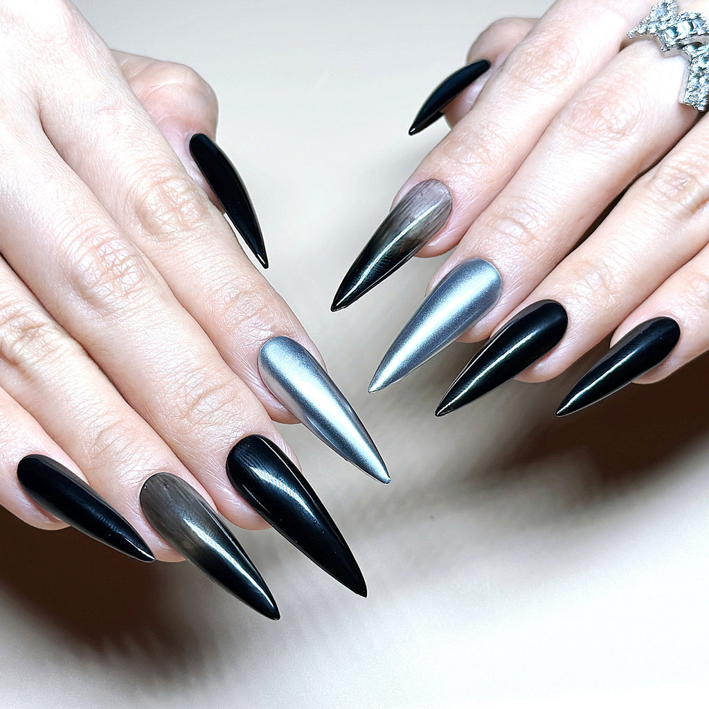 Black Stiletto Hand-Painted Press-On Nails | Y2K Silver Chrome with 3D Gemstone Nail Art | Reusable 20pcs Kit