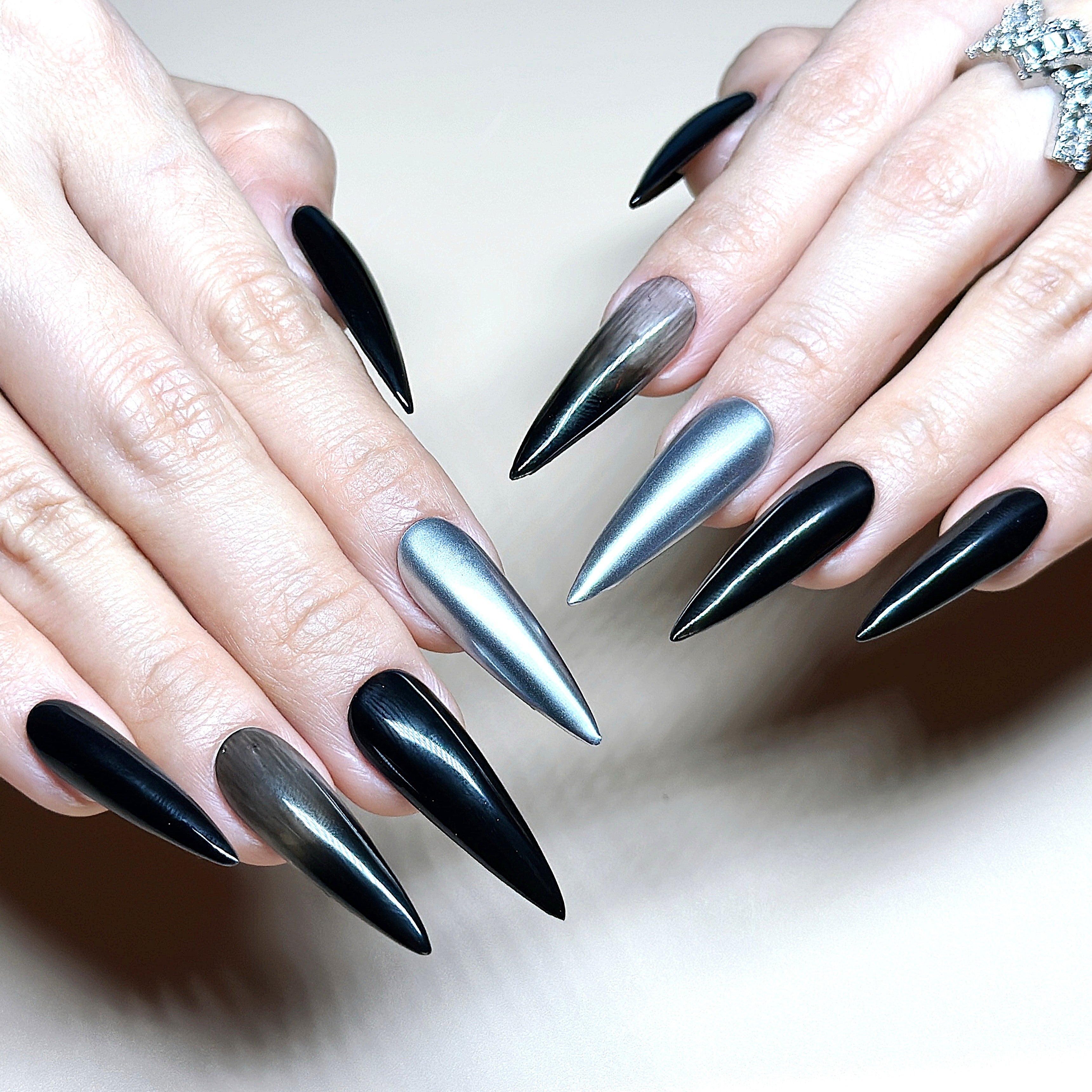 Black Stiletto Hand-Painted Press-On Nails | Y2K Silver Chrome with 3D Gemstone Nail Art | Reusable 20pcs Kit