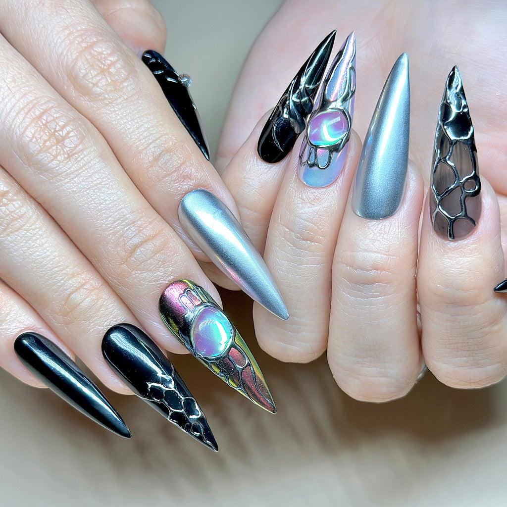 Black Stiletto Hand-Painted Press-On Nails | Y2K Silver Chrome with 3D Gemstone Nail Art | Reusable 20pcs Kit