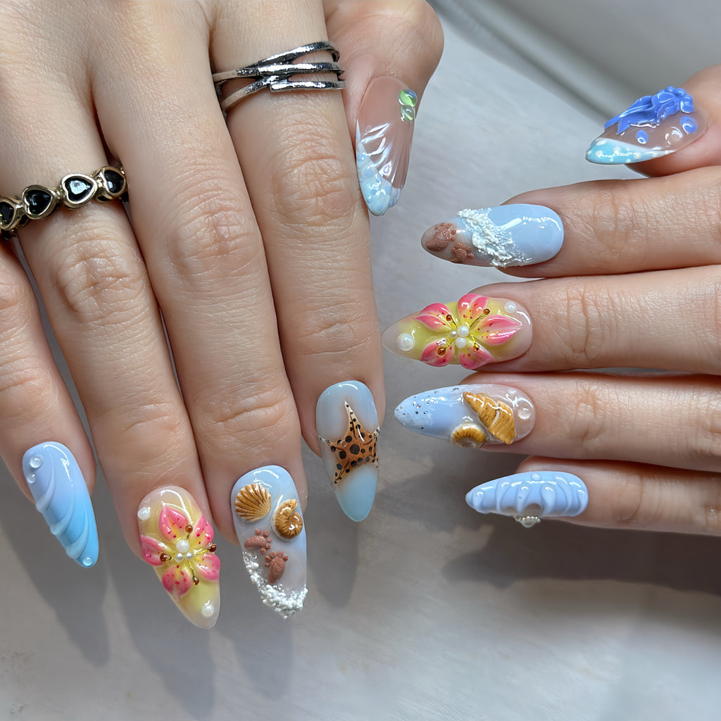 Ocean Bloom Press-On Nails – Medium Almond Sea Life Set, 3D Jellyfish, Shell & Starfish Design, Beach-Inspired Glossy Gel Nails |  Reusable 20pcs Kit