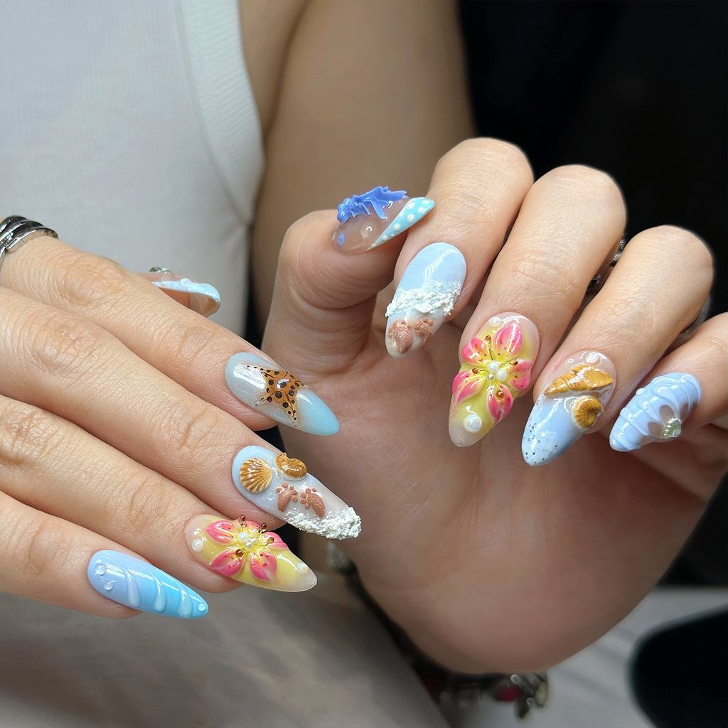 Ocean Bloom Press-On Nails – Medium Almond Sea Life Set, 3D Jellyfish, Shell & Starfish Design, Beach-Inspired Glossy Gel Nails |  Reusable 20pcs Kit