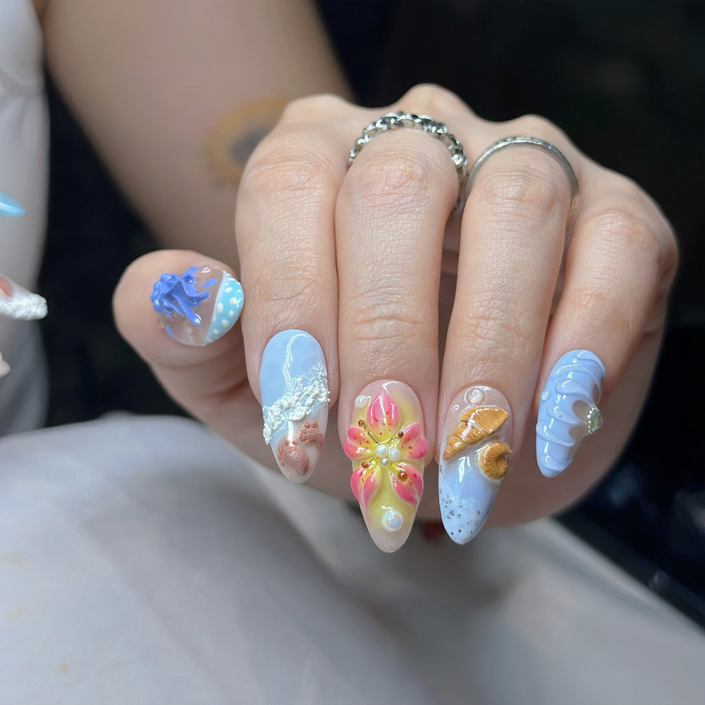Ocean Bloom Press-On Nails – Medium Almond Sea Life Set, 3D Jellyfish, Shell & Starfish Design, Beach-Inspired Glossy Gel Nails |  Reusable 20pcs Kit