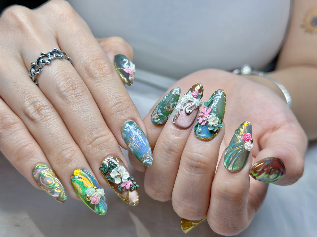 Swan Garden Press-On Nails – Medium Almond Green Chrome Set, 3D Floral & Swan Design, Luxury Nature-Inspired Glossy Nails |  Reusable 20pcs Kit