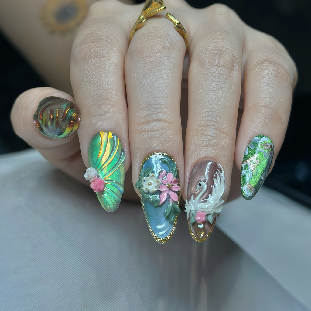 Swan Garden Press-On Nails – Medium Almond Green Chrome Set, 3D Floral & Swan Design, Luxury Nature-Inspired Glossy Nails |  Reusable 20pcs Kit
