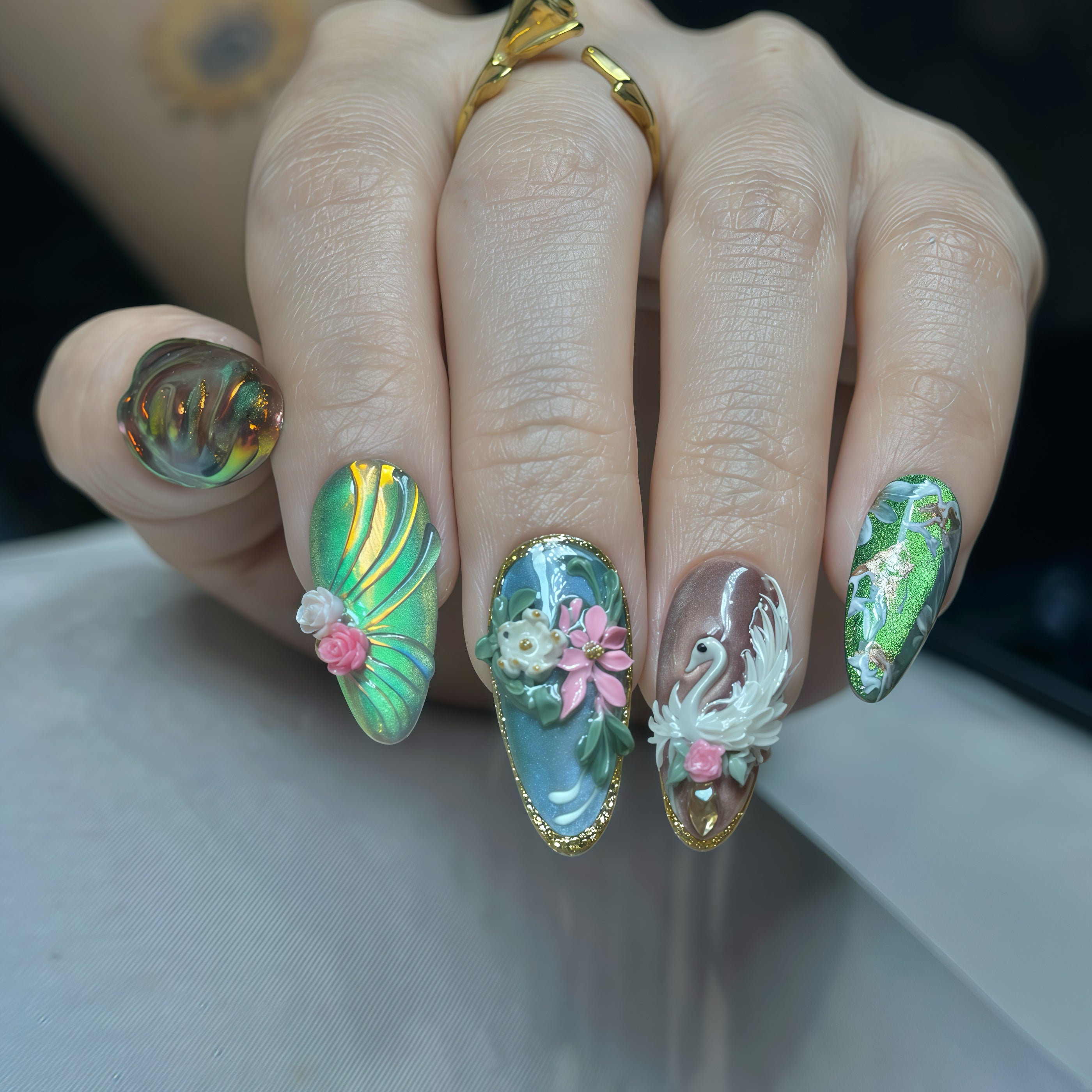 Swan Garden Press-On Nails – Medium Almond Green Chrome Set, 3D Floral & Swan Design, Luxury Nature-Inspired Glossy Nails |  Reusable 20pcs Kit
