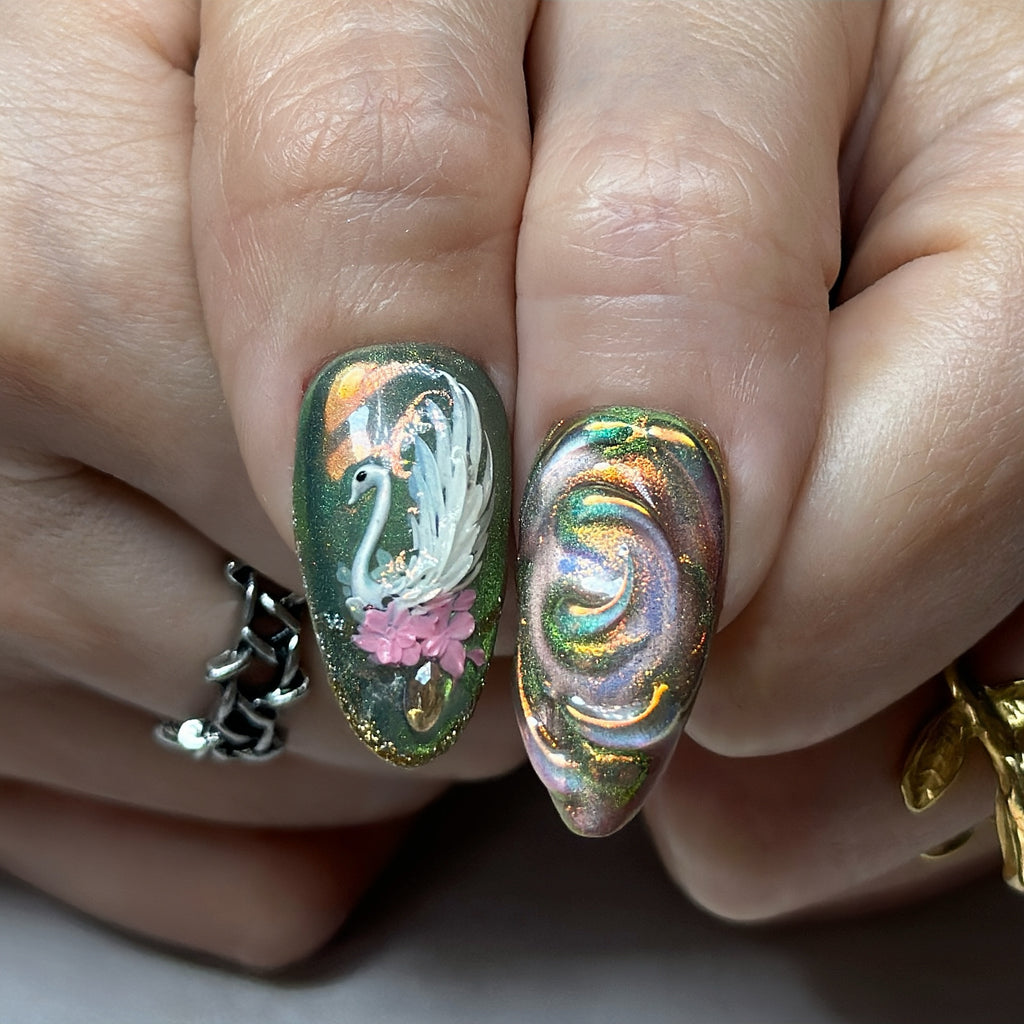 Swan Garden Press-On Nails – Medium Almond Green Chrome Set, 3D Floral & Swan Design, Luxury Nature-Inspired Glossy Nails |  Reusable 20pcs Kit