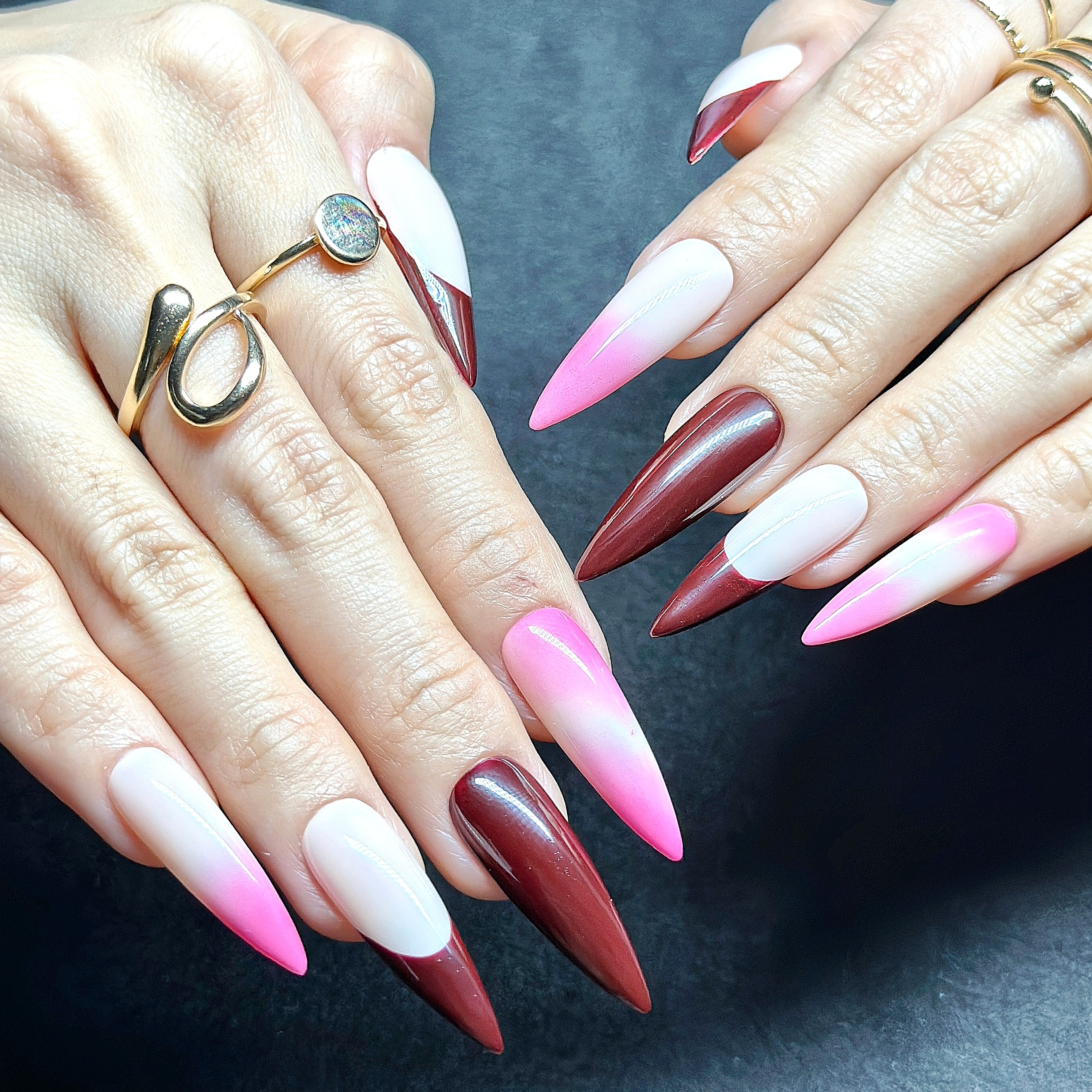 Long Stiletto Hand-Painted Press-On Nails | Luxury Wine Red Ombre with 3D Floral Design | Reusable 20pcs Kit