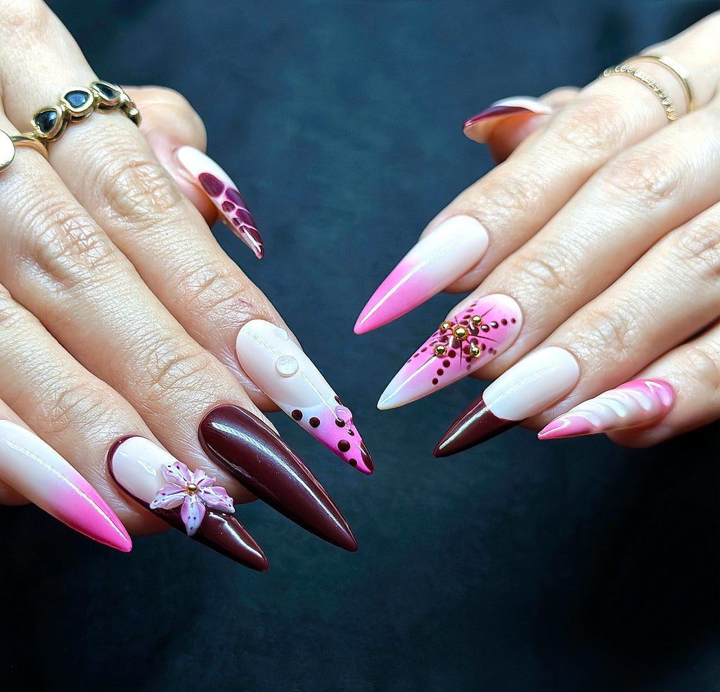 Long Stiletto Hand-Painted Press-On Nails | Luxury Wine Red Ombre with 3D Floral Design | Reusable 20pcs Kit