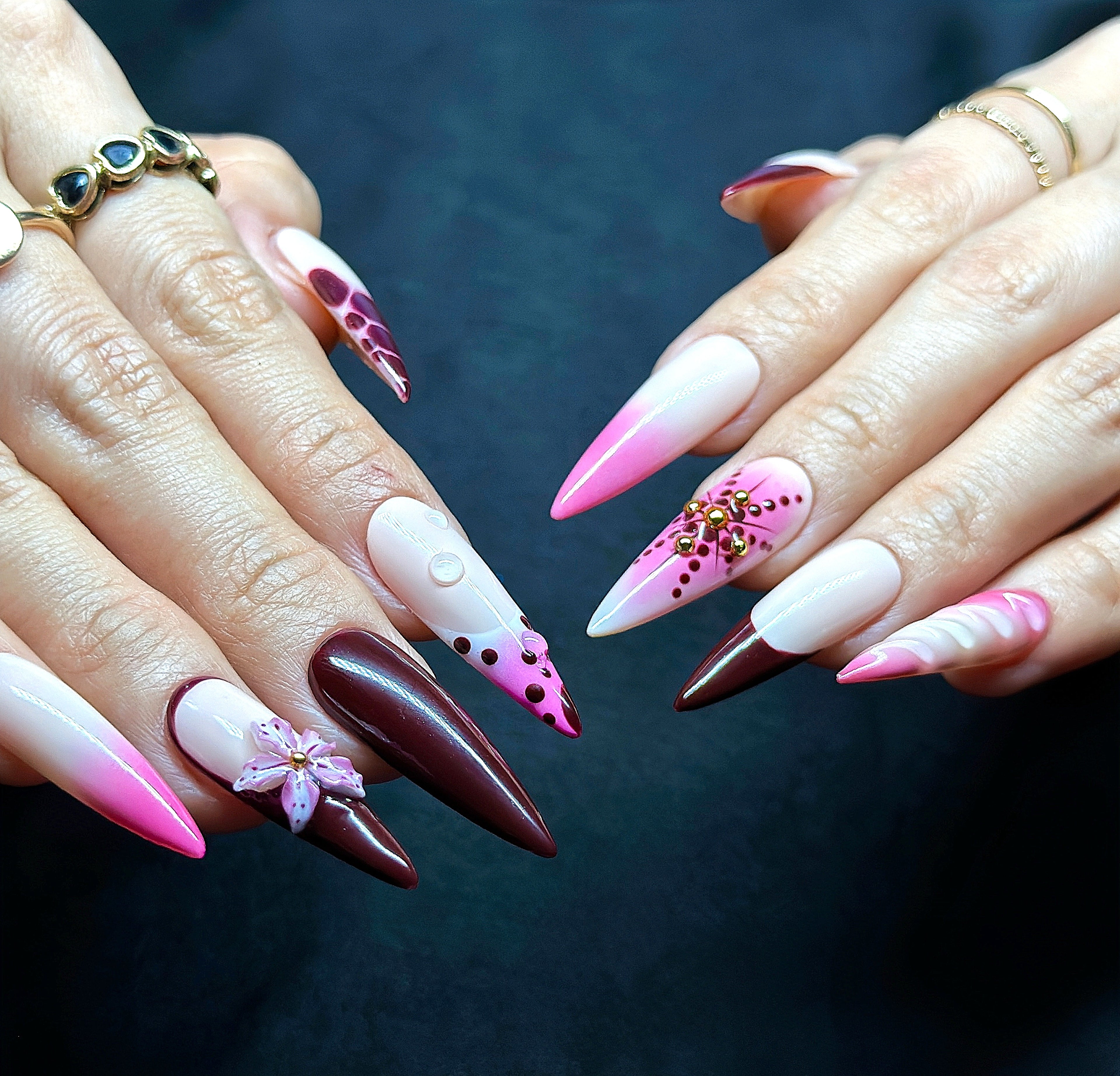 Long Stiletto Hand-Painted Press-On Nails | Luxury Wine Red Ombre with 3D Floral Design | Reusable 20pcs Kit