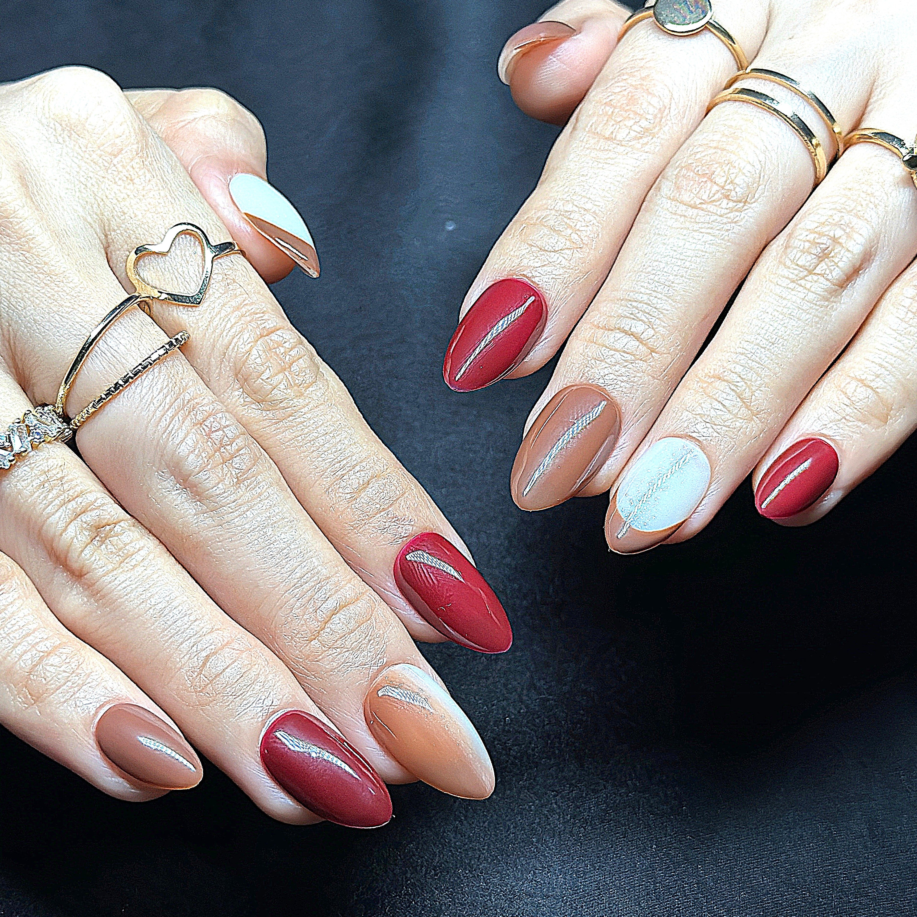 Short Almond Hand-Painted Press-On Nails | Ruby Red with Gold Chrome 3D Nail Art | Reusable 20pcs Kit
