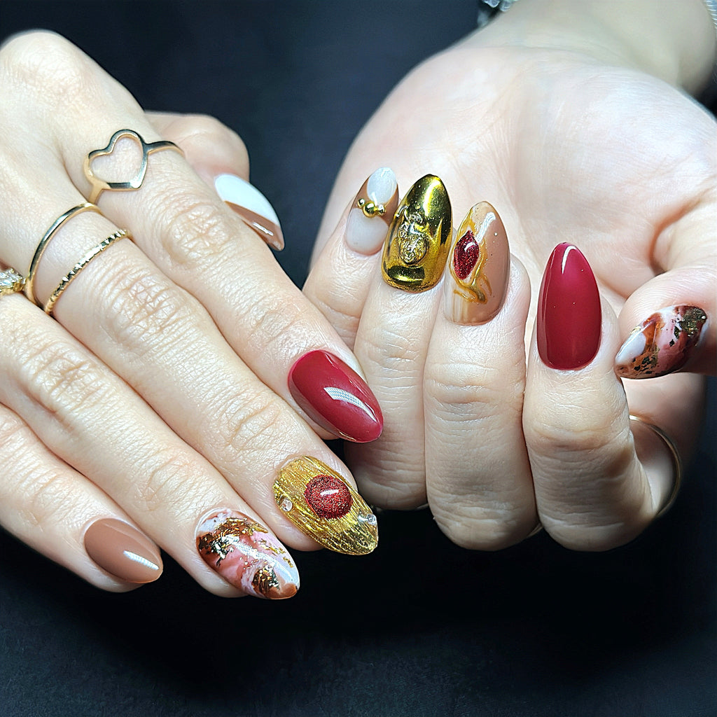 Short Almond Hand-Painted Press-On Nails | Ruby Red with Gold Chrome 3D Nail Art | Reusable 20pcs Kit