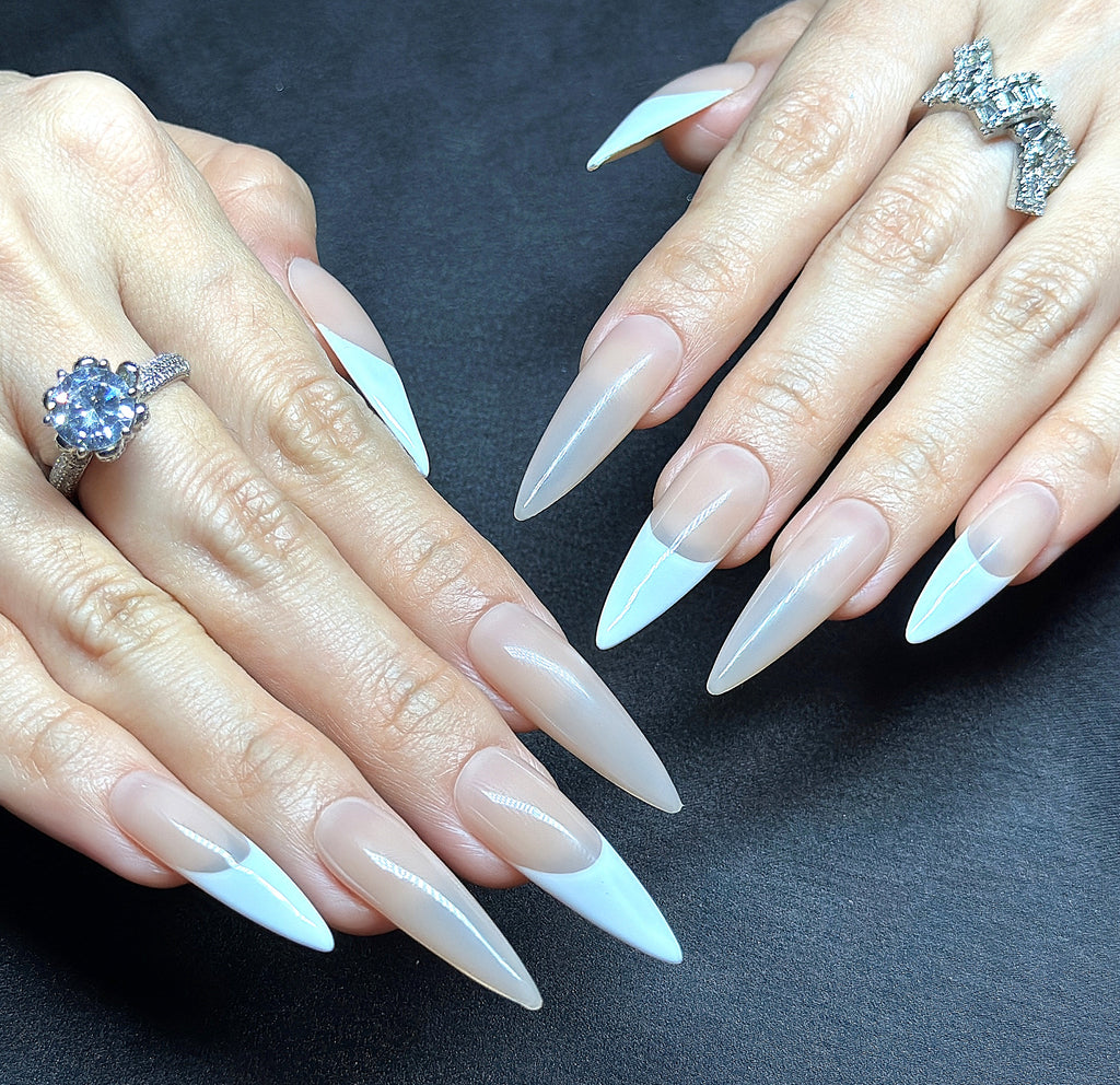 Long Stiletto Hand-Painted Press-On Nails | Luxury 3D Floral Pearl with Rhinestone French Tips | Reusable 20pcs Kit