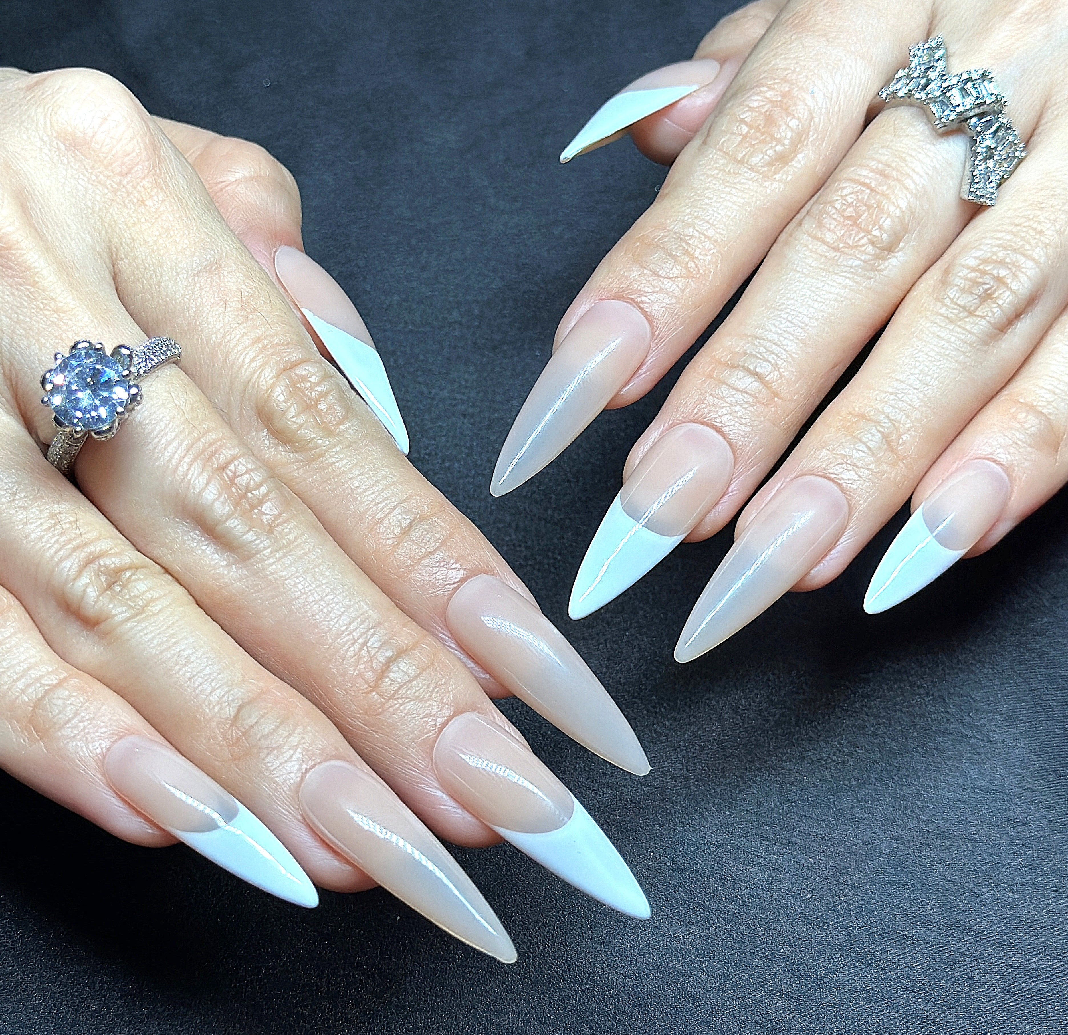 Long Stiletto Hand-Painted Press-On Nails | Luxury 3D Floral Pearl with Rhinestone French Tips | Reusable 20pcs Kit