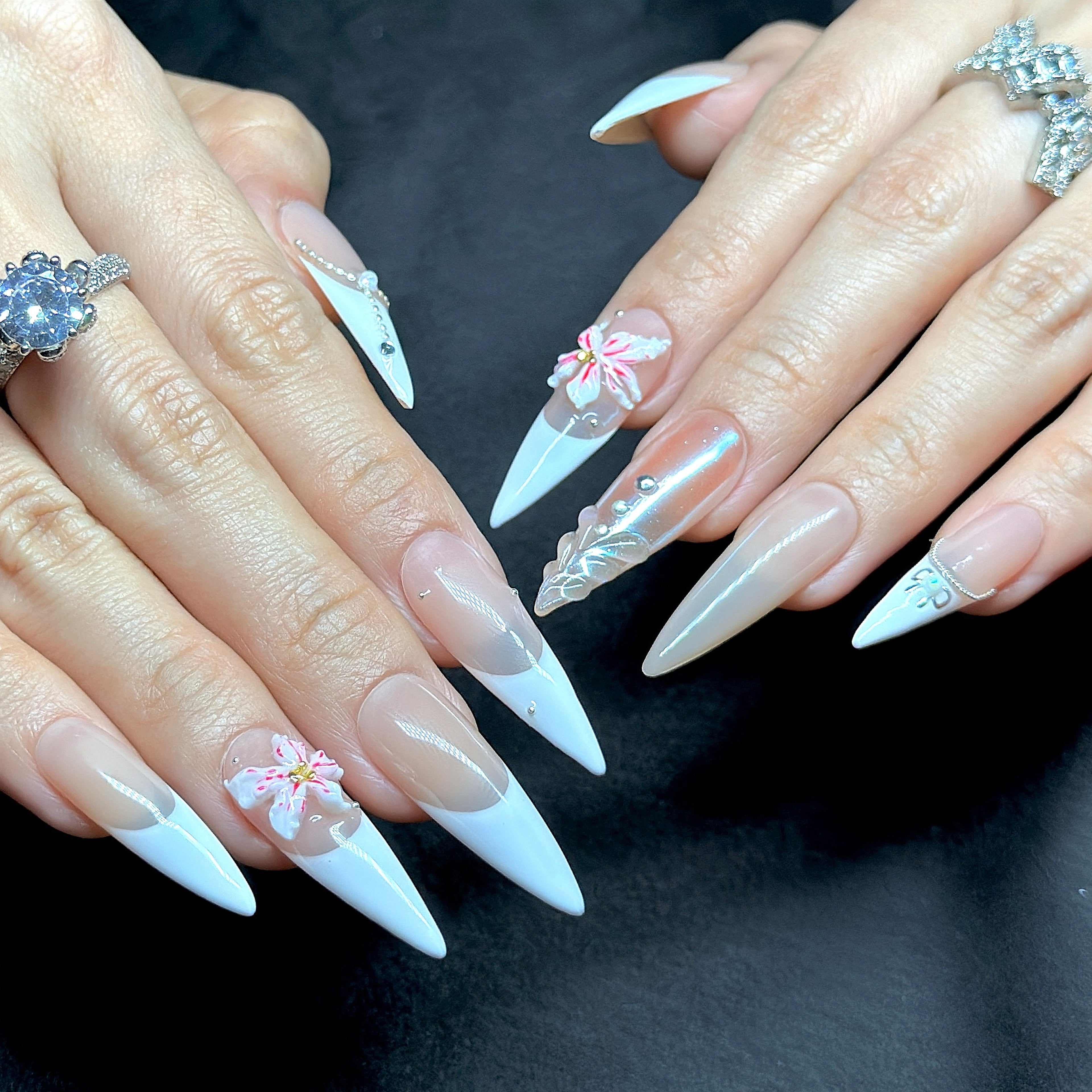 Long Stiletto Hand-Painted Press-On Nails | Luxury 3D Floral Pearl with Rhinestone French Tips | Reusable 20pcs Kit