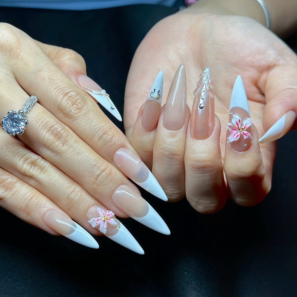 Long Stiletto Hand-Painted Press-On Nails | Luxury 3D Floral Pearl with Rhinestone French Tips | Reusable 20pcs Kit