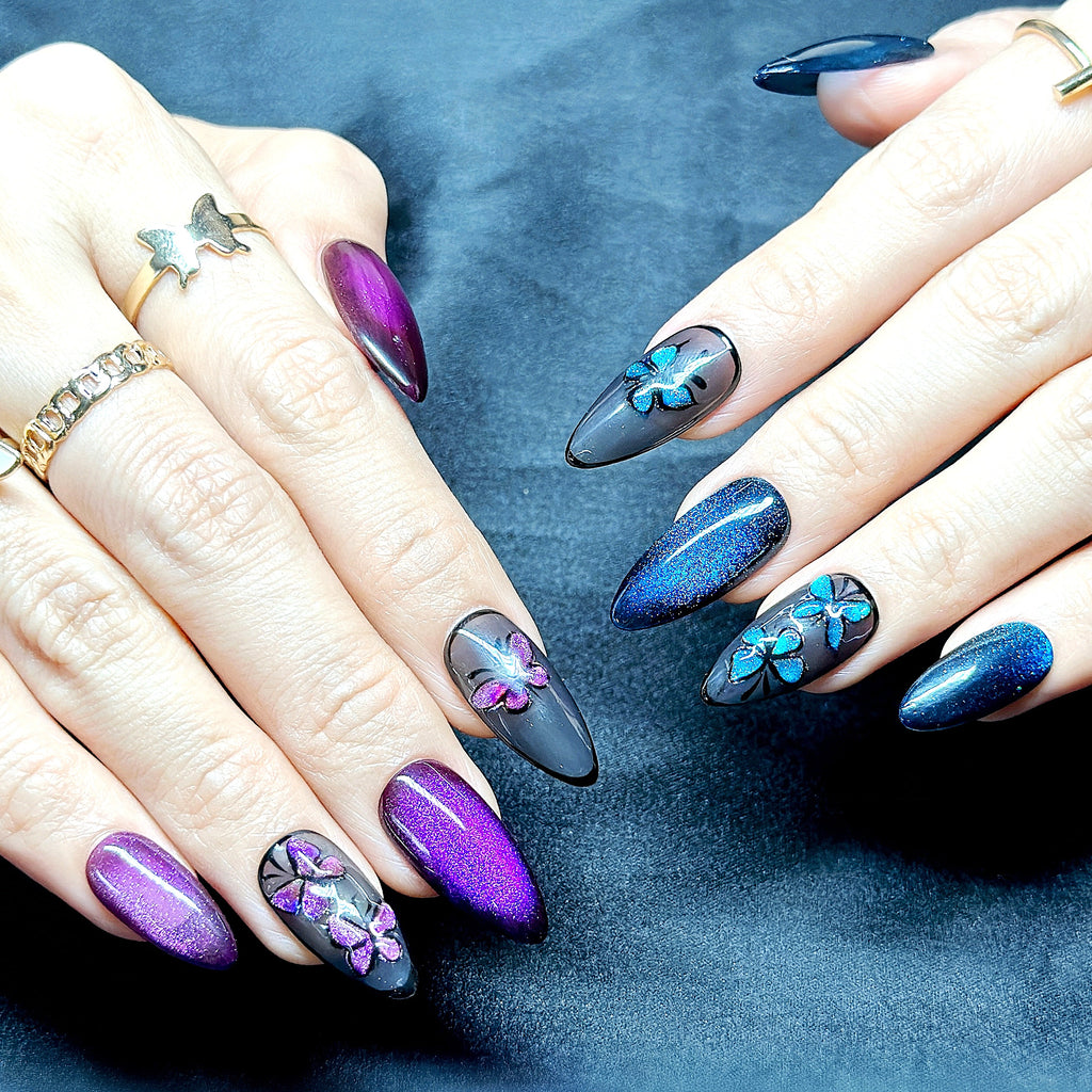 Almond Hand-Painted Press-On Nails – Blue & Purple Cat Eye with Butterfly Design | Luxury 20pcs Reusable Kit