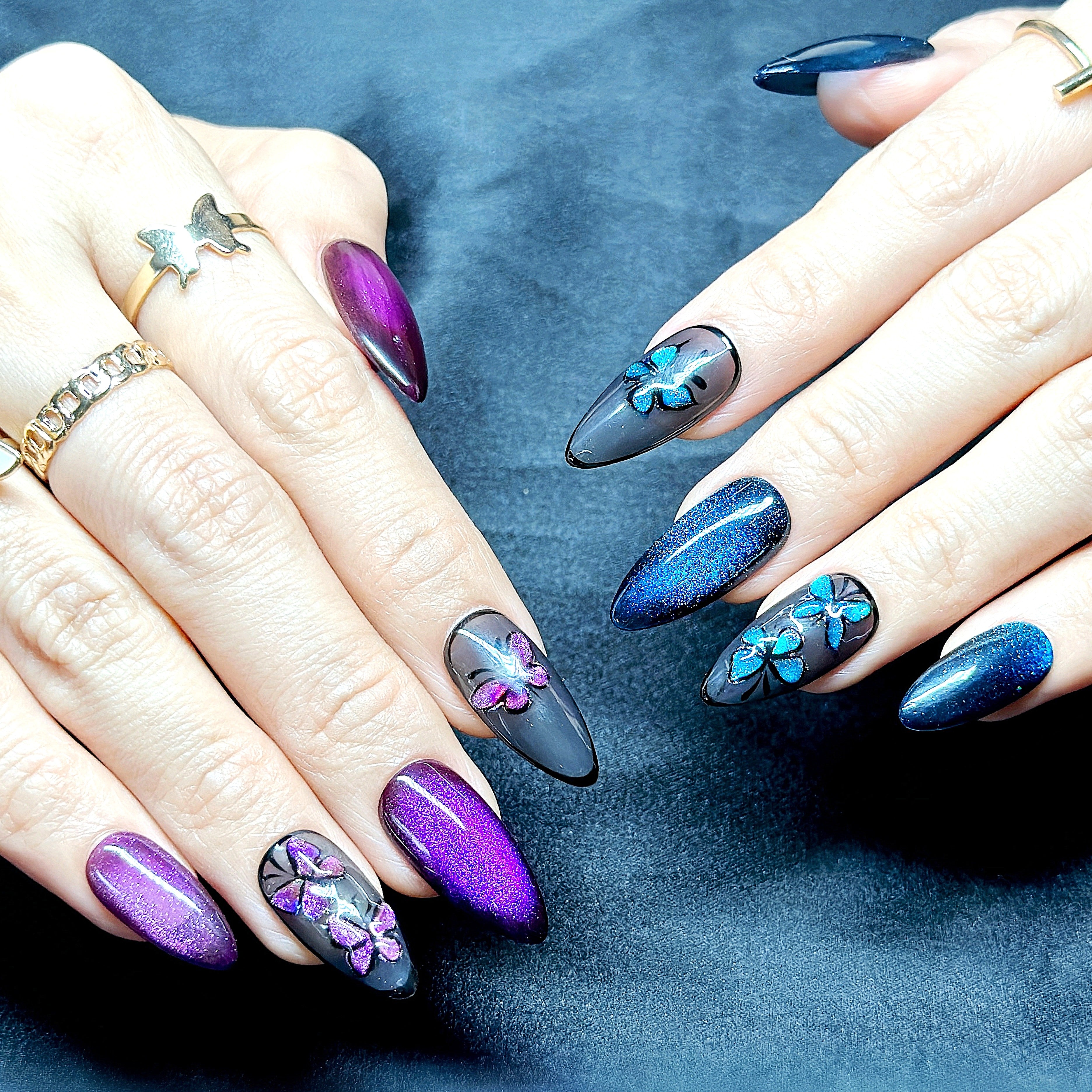 Almond Hand-Painted Press-On Nails – Blue & Purple Cat Eye with Butterfly Design | Luxury 20pcs Reusable Kit