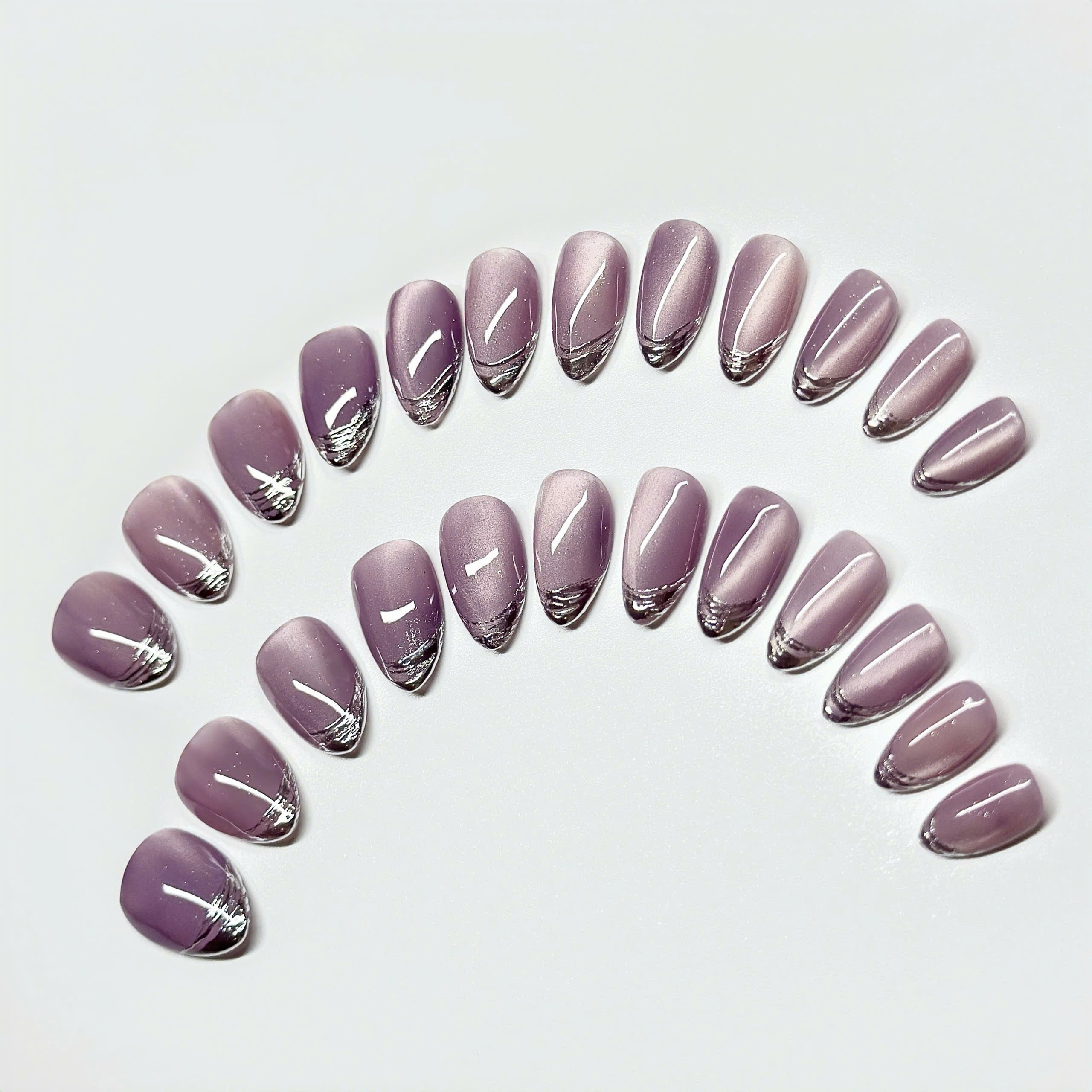 Purple Cat Eye Press On Nails Short Almond – Hand-Painted Gel Reusable Set (30 Nails, 15 Sizes)