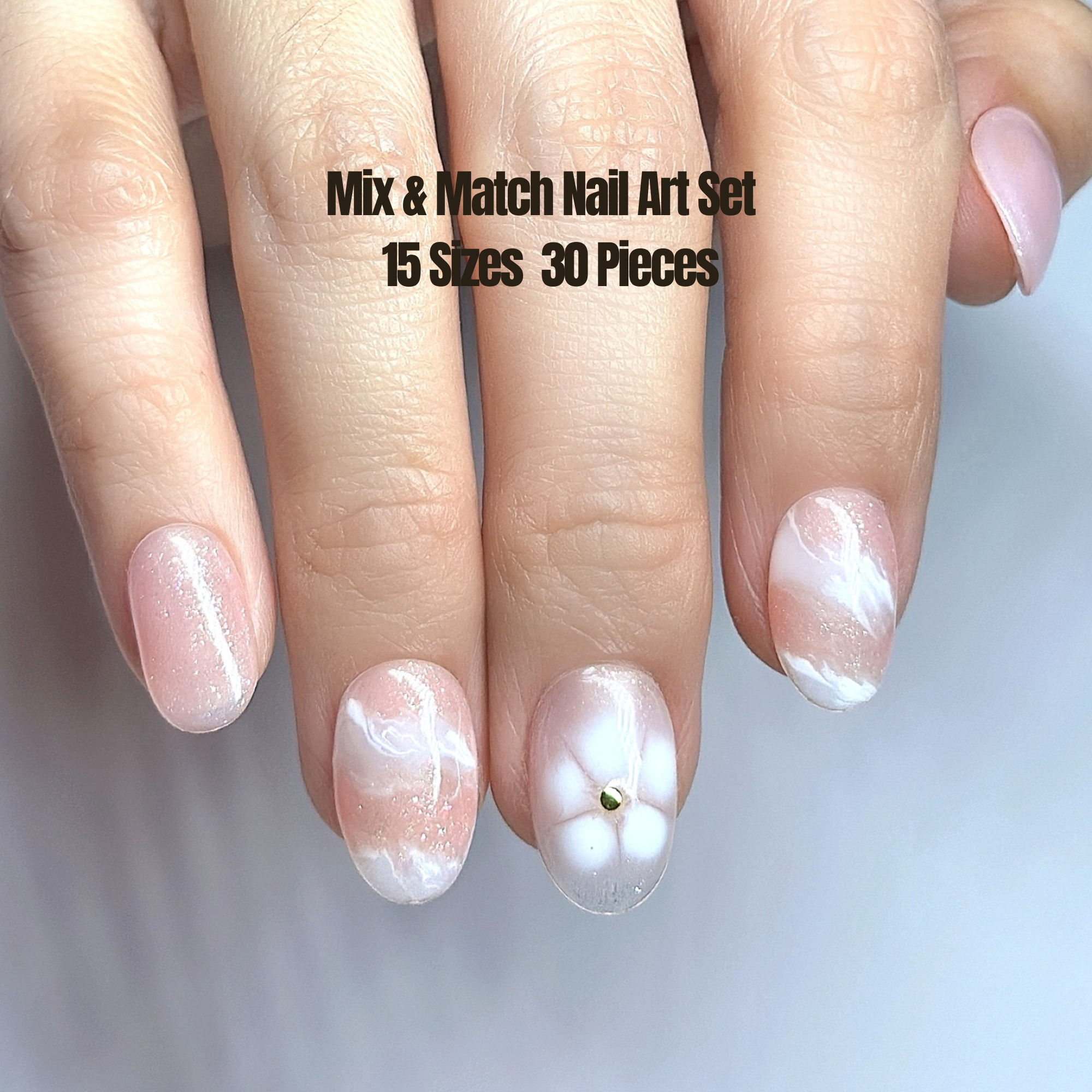 Short Oval Hand-Painted Press-On Nails | Pink Glitter with White Floral Design | Reusable 30pcs Kit, 15 Sizes