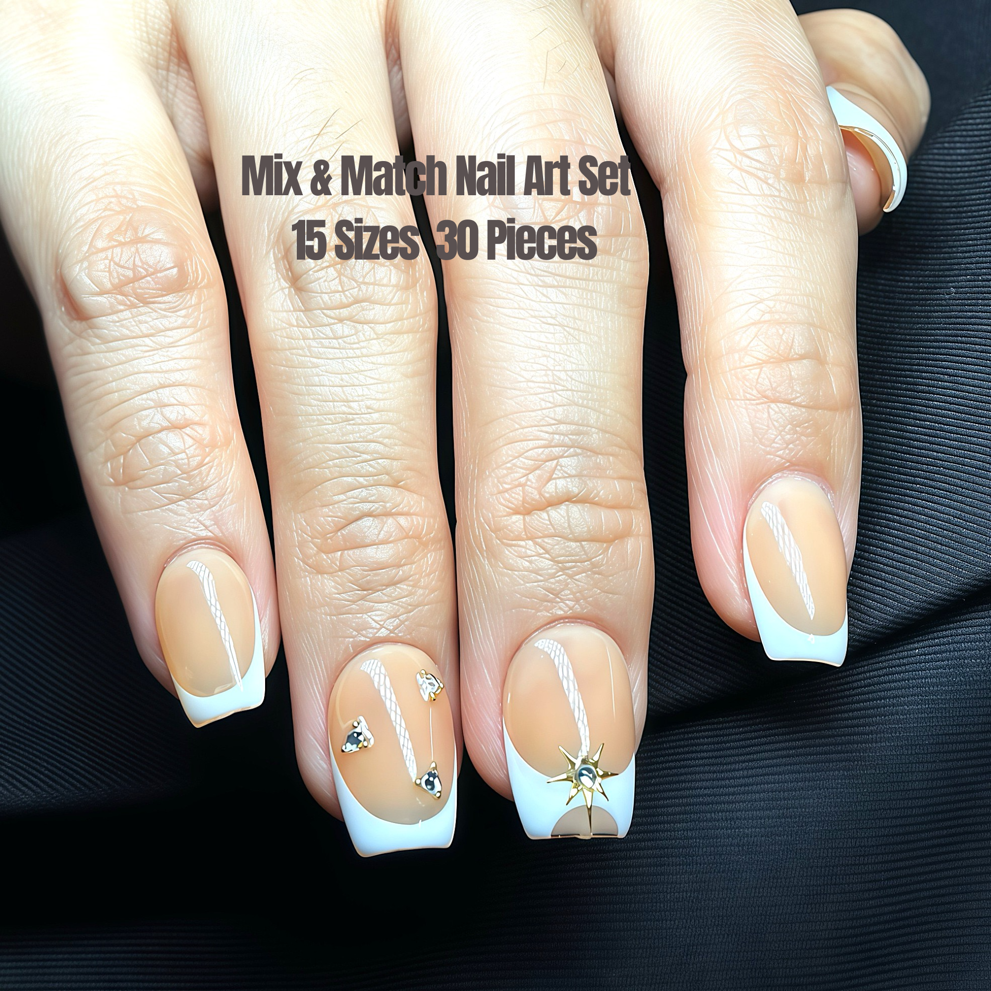 Short Square French Tip Press-On Nails | Rhinestone Shooting Star Accents | Hand-Painted | Reusable 30pcs Kit, 15 Sizes