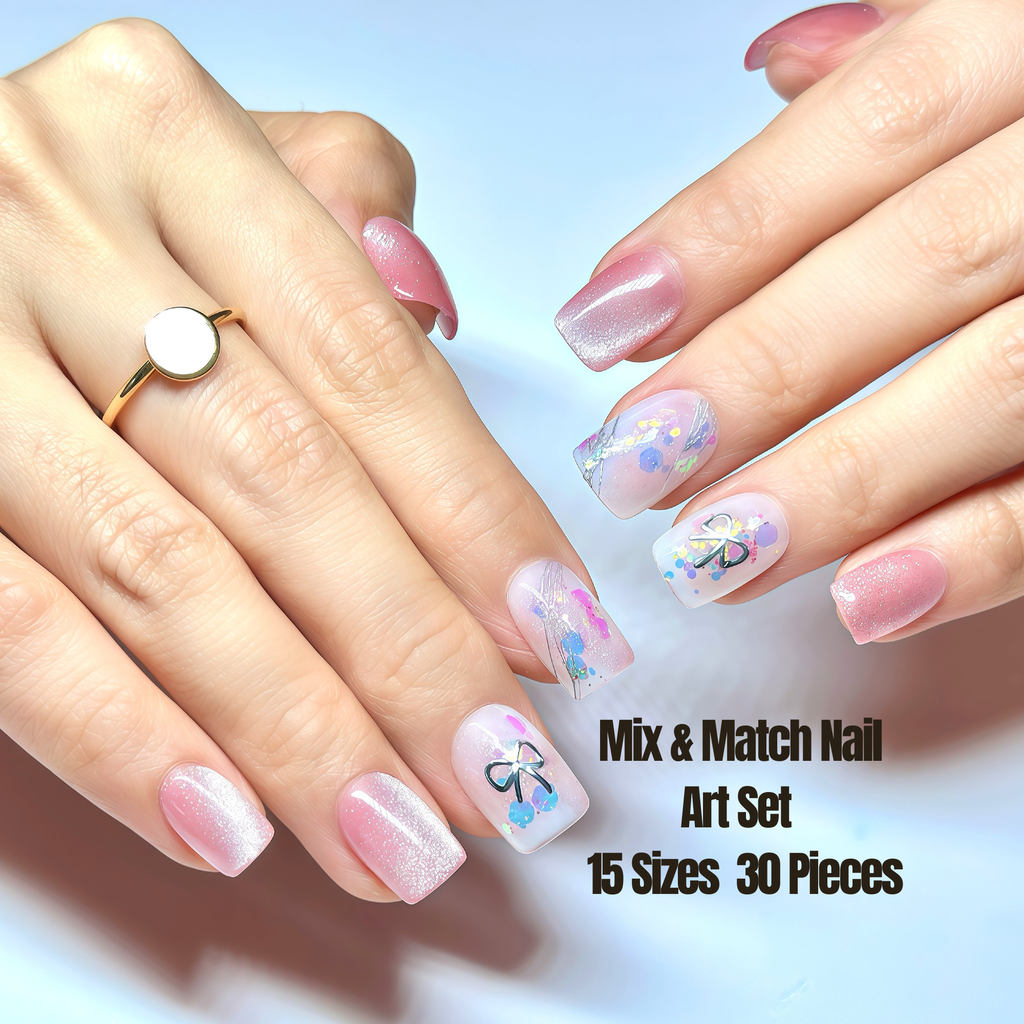 Short Square Hand-Painted Press-On Nails | Pink Cat Eye Glitter with Bow Accent | Reusable 30pcs Kit, 15 Sizes