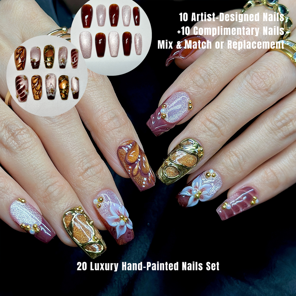 Medium Coffin Press On Nails – Burgundy Gold Floral 3D Nail Art, Luxury Handmade Nails | Chrome | Flower & Glam nails | Reusable 20pcs Kit