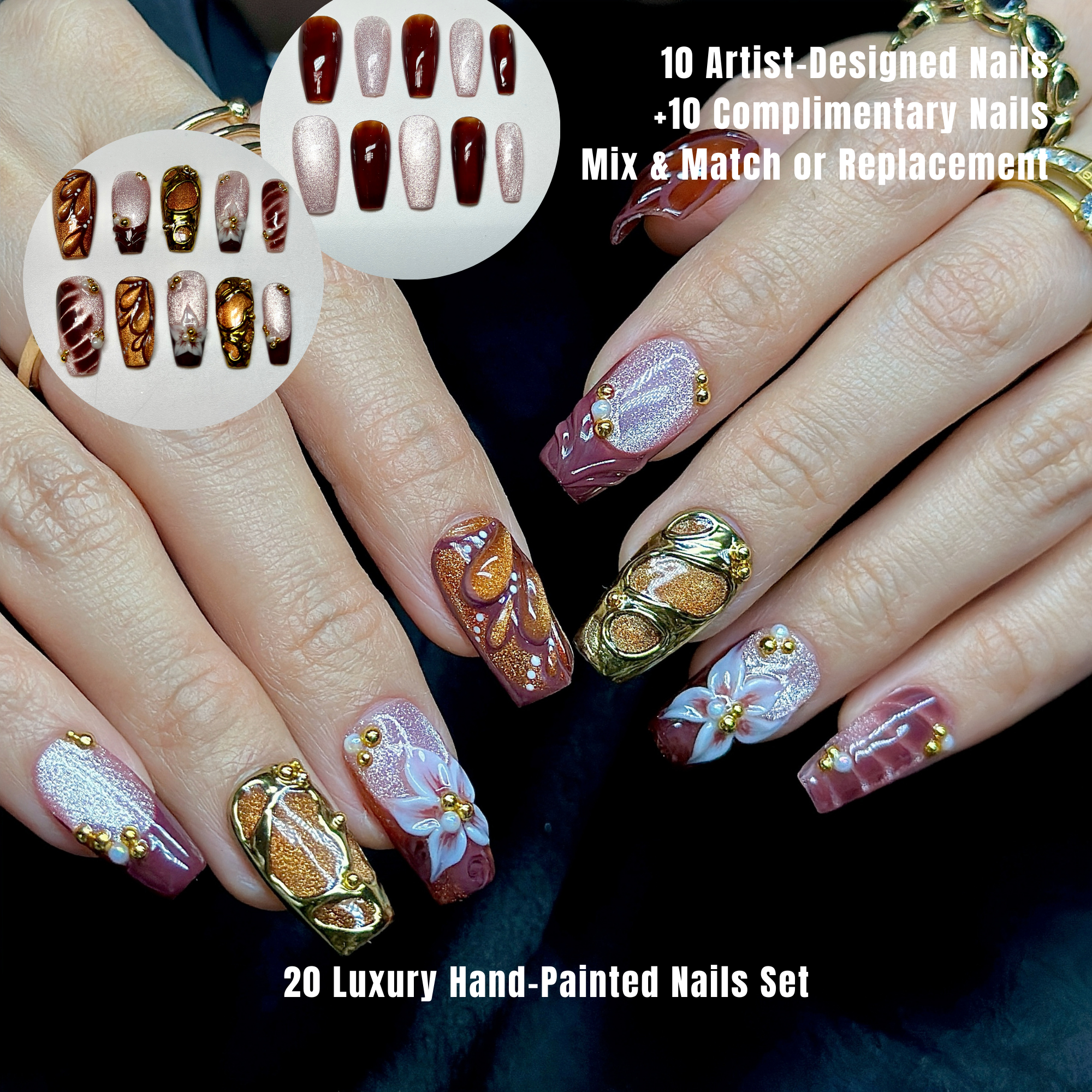 Medium Coffin Press On Nails – Burgundy Gold Floral 3D Nail Art, Luxury Handmade Nails | Chrome | Flower & Glam nails | Reusable 20pcs Kit