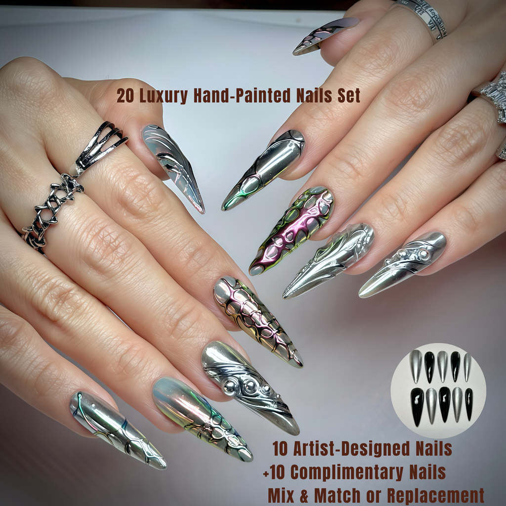 Long Stiletto Press On Nails | Dark Chrome 3D Sculpted Nail Art | Luxury Handmade Reusable Nails |Statement Gothic Nails |Reusable 20pcs Kit