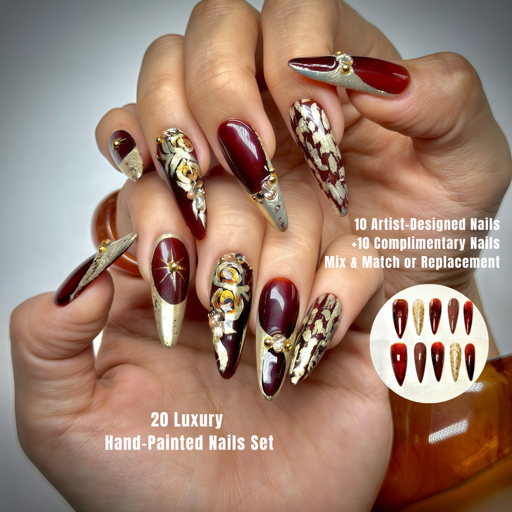Long Stiletto Press On Nails – Burgundy Gold Luxury Nail Art, Handmade 3D Crystal Royal Nails, Reusable Statement Nails | Reusable 20pcs Kit