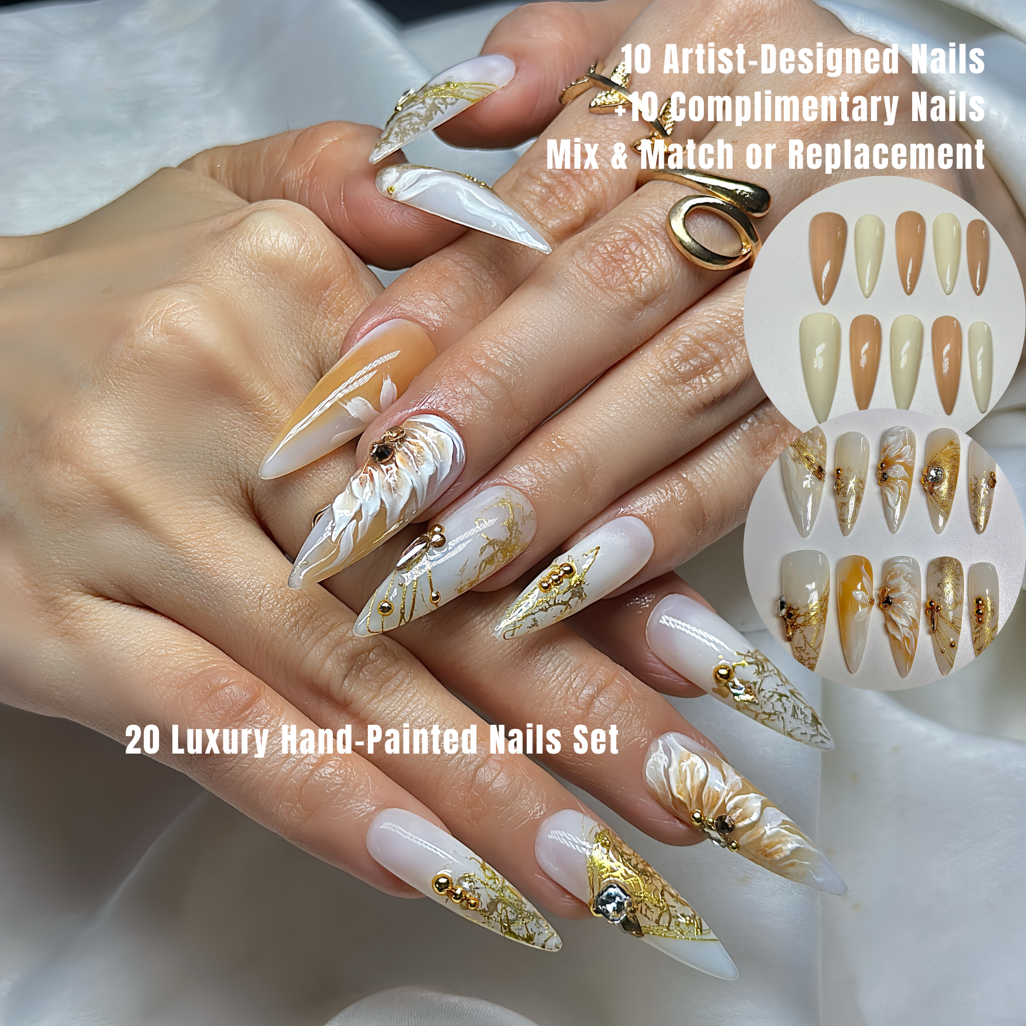 Long Stiletto Press On Nails | Luxury Ivory & Gold 3D Floral Nail Art | Handmade Bridal Press On Nails | Elegant nails | Reusable 20pcs Kit