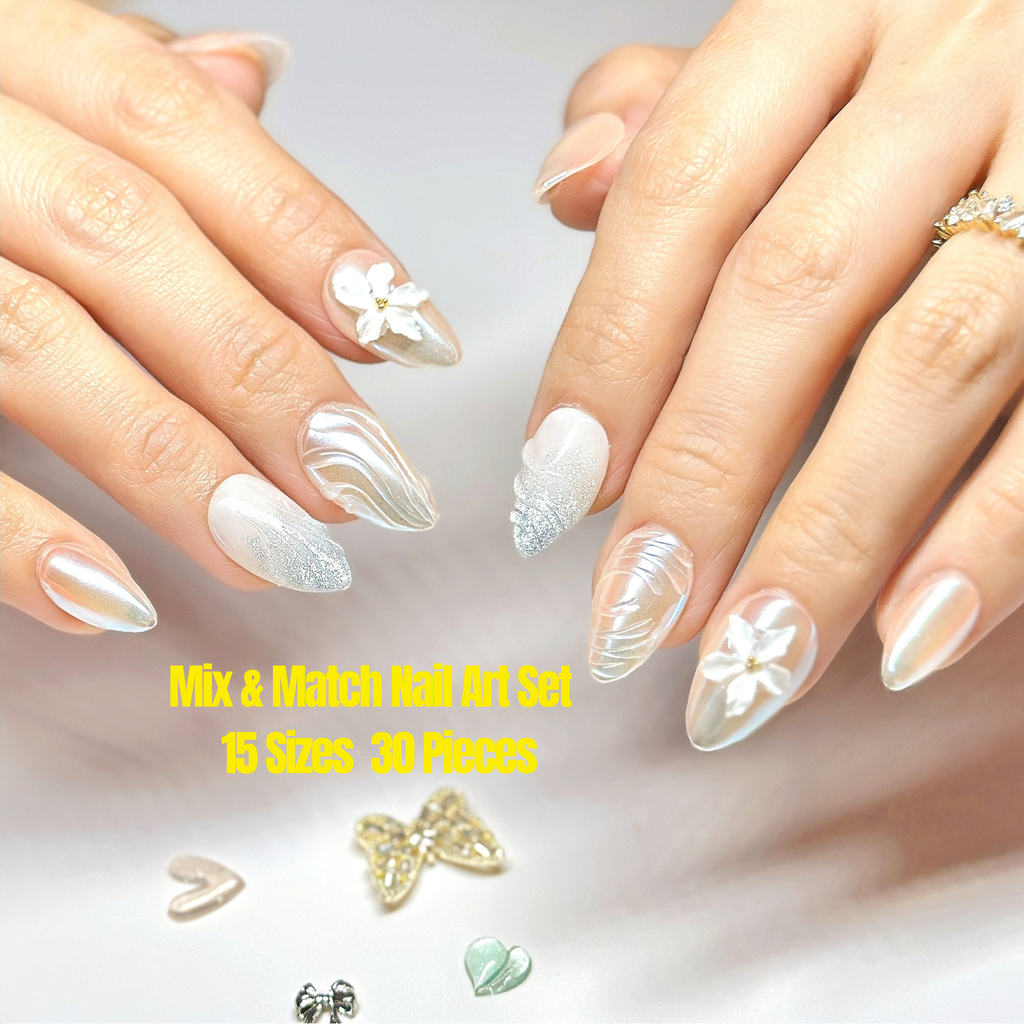 White Floral Press-On Nails | Short Almond Pearl Bridal Nails with 3D Flower – Hand-Painted Gel Reusable Set (30 Nails, 15 Sizes)