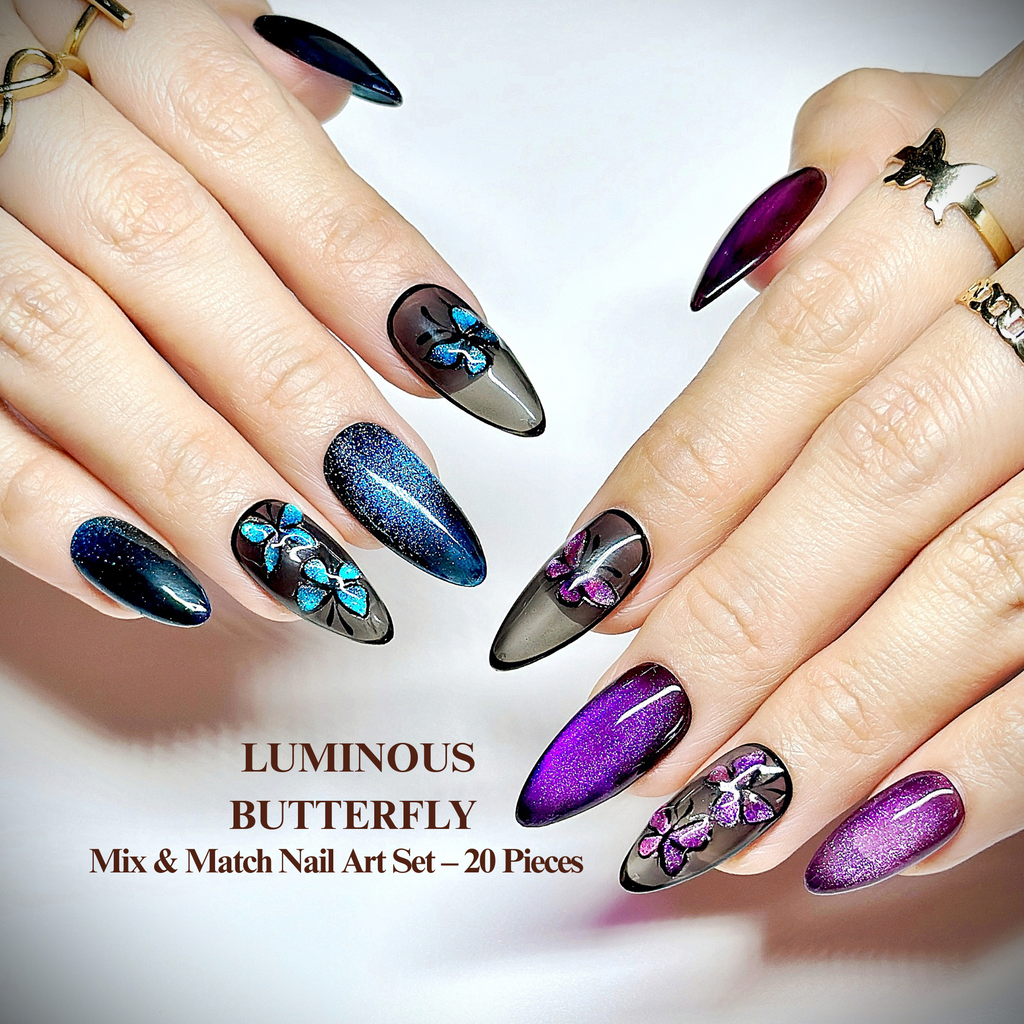 Almond Hand-Painted Press-On Nails – Blue & Purple Cat Eye with Butterfly Design | Luxury 20pcs Reusable Kit