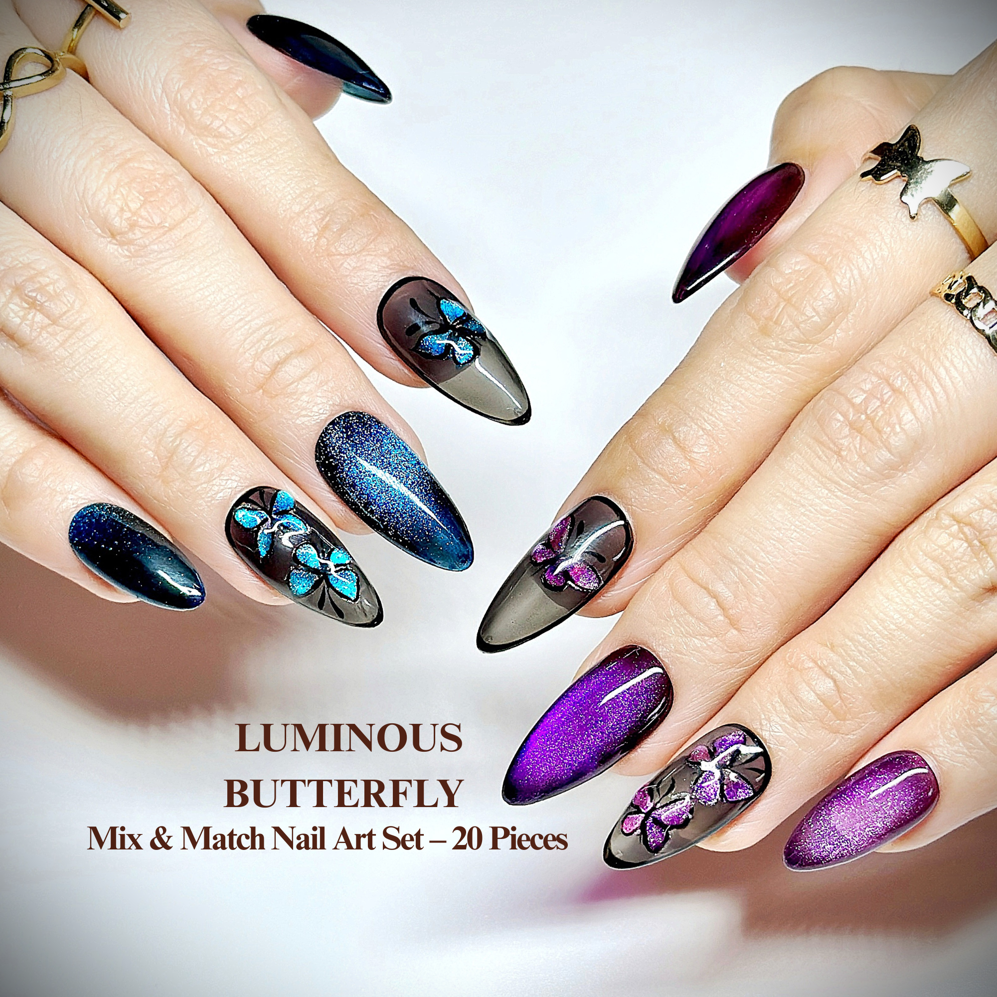 Almond Hand-Painted Press-On Nails – Blue & Purple Cat Eye with Butterfly Design | Luxury 20pcs Reusable Kit
