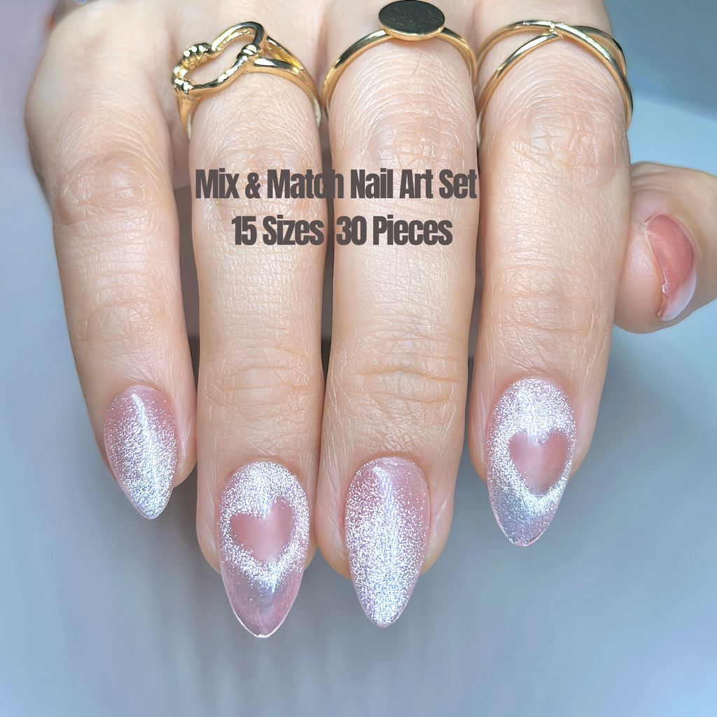 Pink Cat Eye Valentine Press On Nails, Short Almond – Heart Design, Hand-Painted Gel Reusable Set (30 Nails, 15 Sizes)