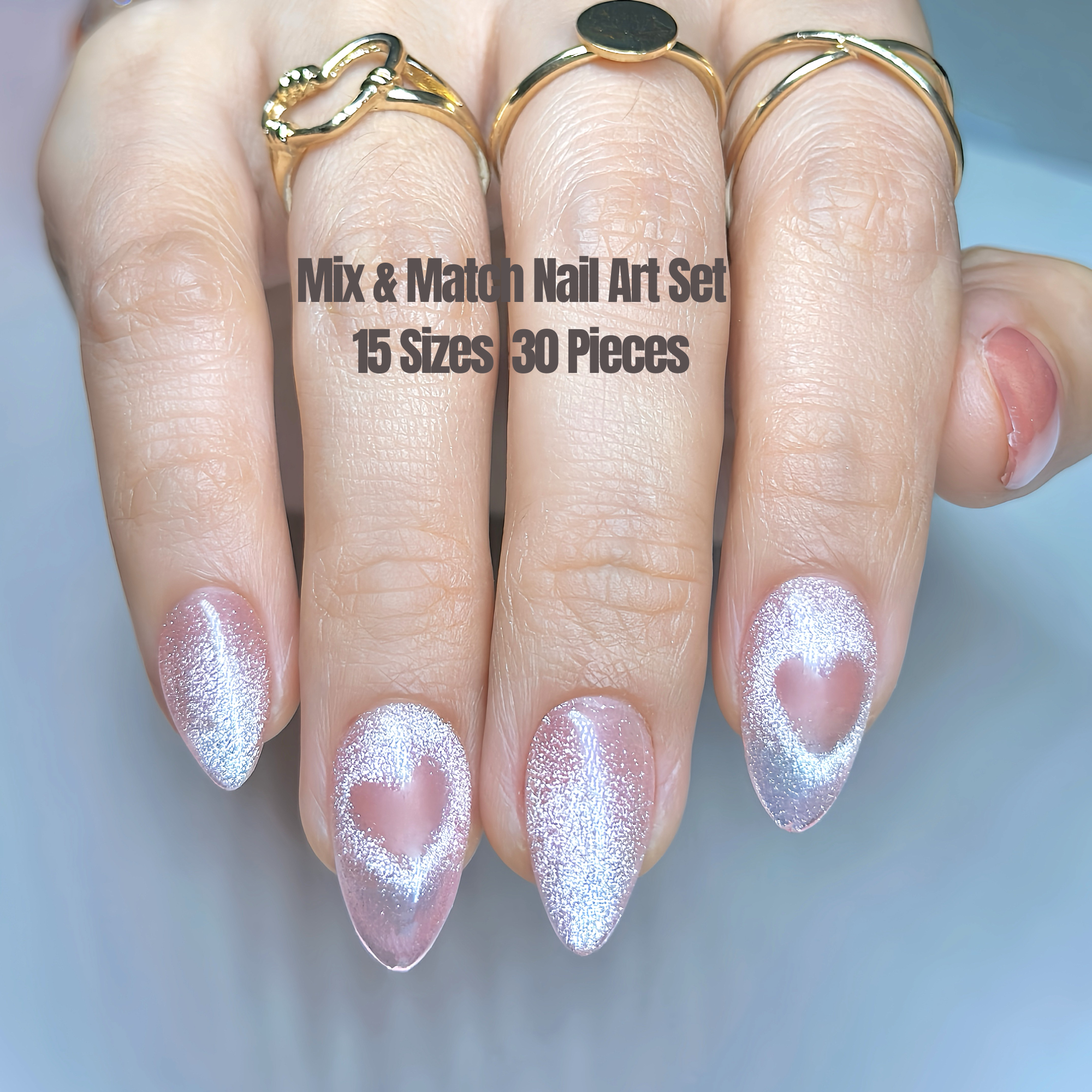 Pink Cat Eye Valentine Press On Nails, Short Almond – Heart Design, Hand-Painted Gel Reusable Set (30 Nails, 15 Sizes)
