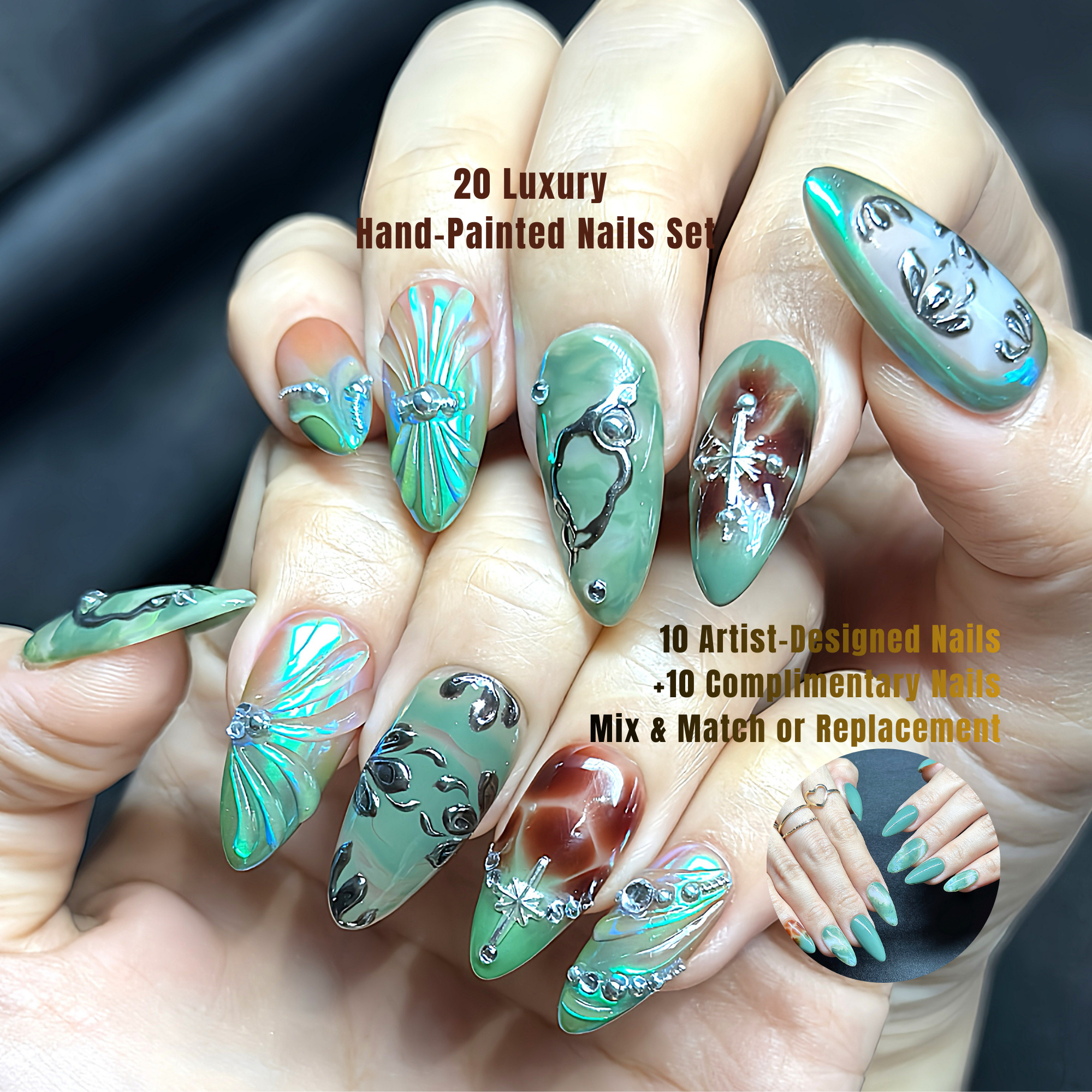 Medium Almond Hand-Painted Press-On Nails | Luxury Emerald Green Marble with 3D Rhinestones and Chrome | Reusable 20pcs Kit