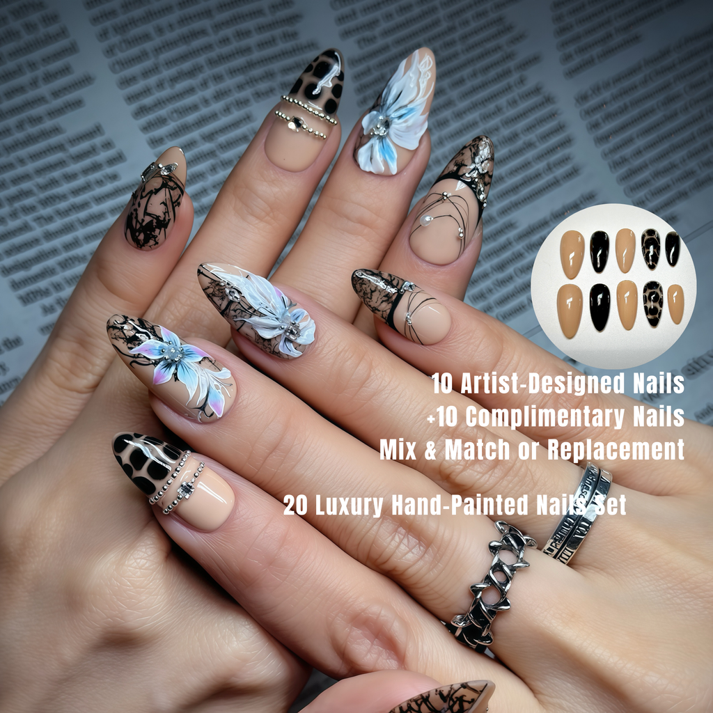 Press On Nails – Medium Almond Black Lace Floral Nail Art, Handmade Luxury Gothic Nails, Reusable Statement Nail Set | Reusable 20pcs Kit